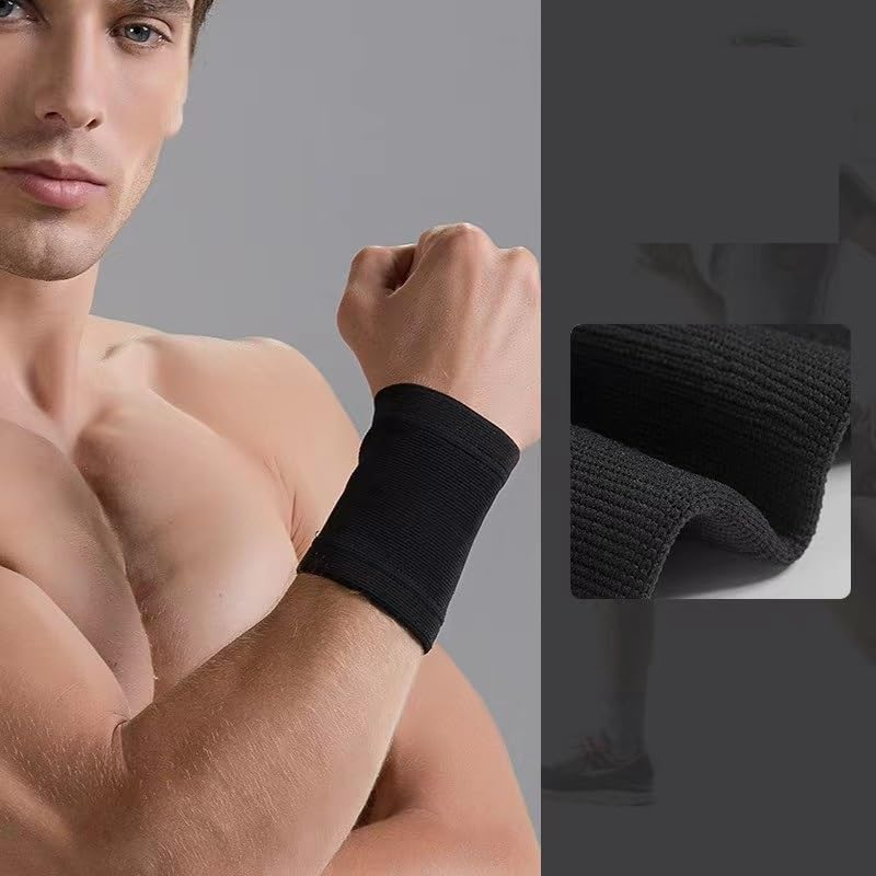 Wrist Band Support Sleeve (1 Pair) - Elastic & Breathable Knitted Fabric Compression Brace - for Tennis, Gym, Sport, Tendonitis (Black) image number 5
