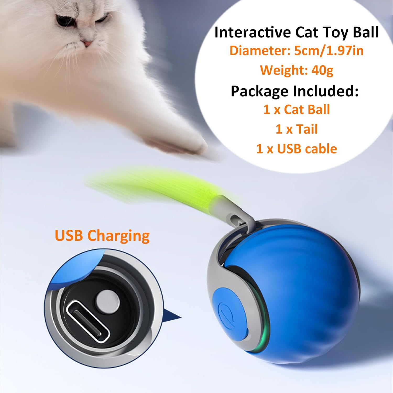 Interactive Cat Ball Toy Self Rolling Ball USB Rechargeable Smart Cat Toys Ball 360&deg;Automatic Rolling Ball Toy with Tail Speedy Tail Cat Toy for Indoor Cats SH0090 (Orange) image number 1