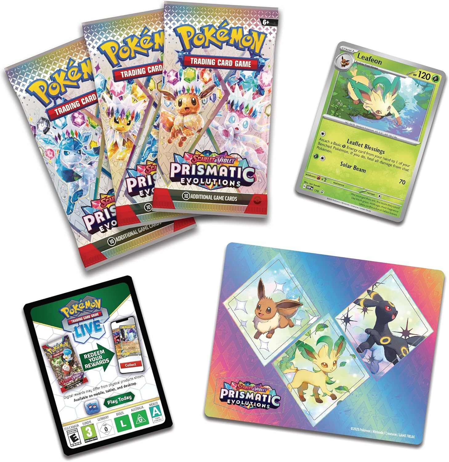Pok&eacute;mon TCG: Scarlet & Violet&mdash;Prismatic Evolutions Tech Sticker Collection &ndash; Leafeon (1 Foil Promo Card & 3 Booster Packs) image number 4