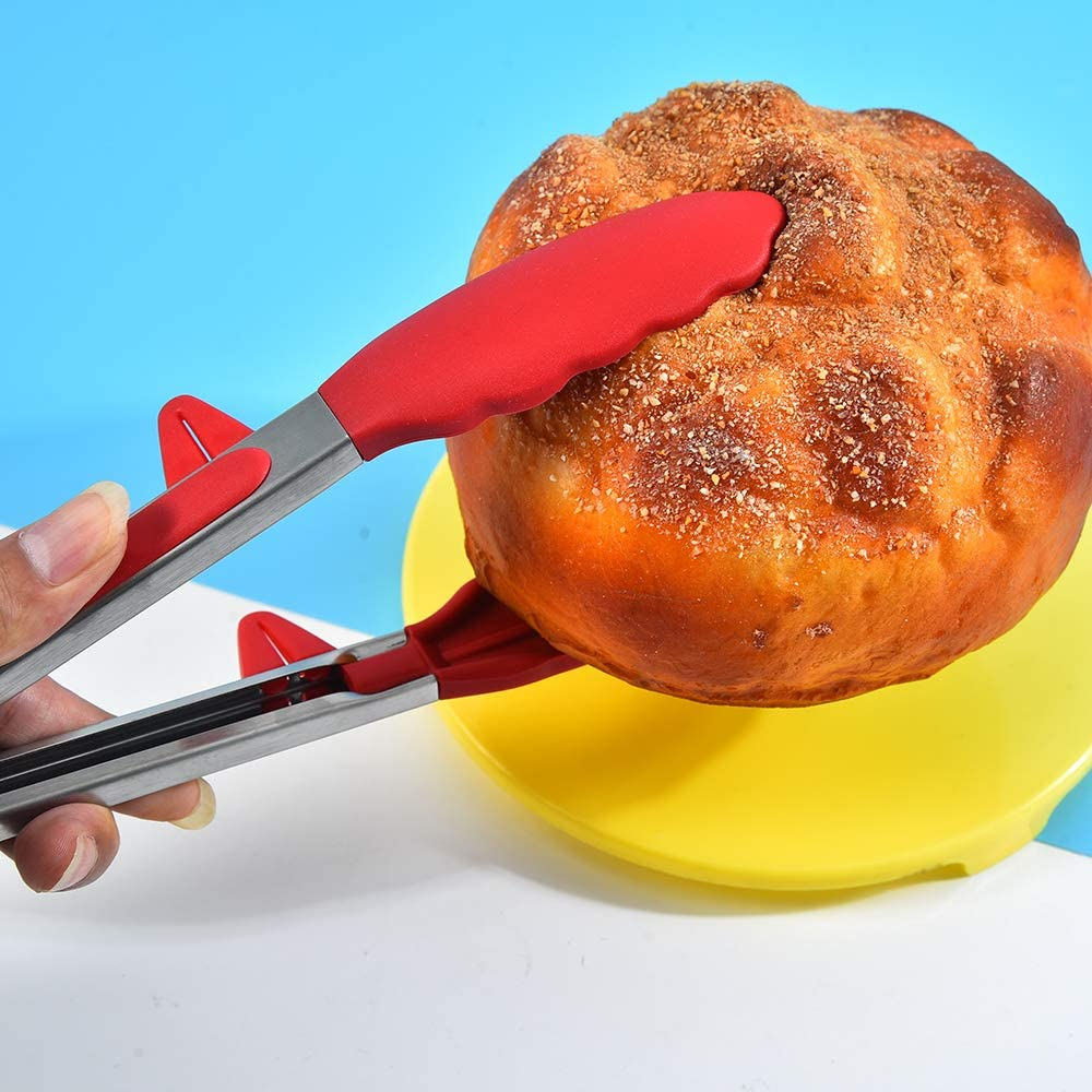 Kitchen Tongs for Cooking with Silicone Tips, Premium Stainless Steel Locking Kitchen Tongs with Stand for Baking, BBQ and Salad (12-Inch & 9-Inch Tong, plus 8-Inch Pastry Brush, Red) image number 4