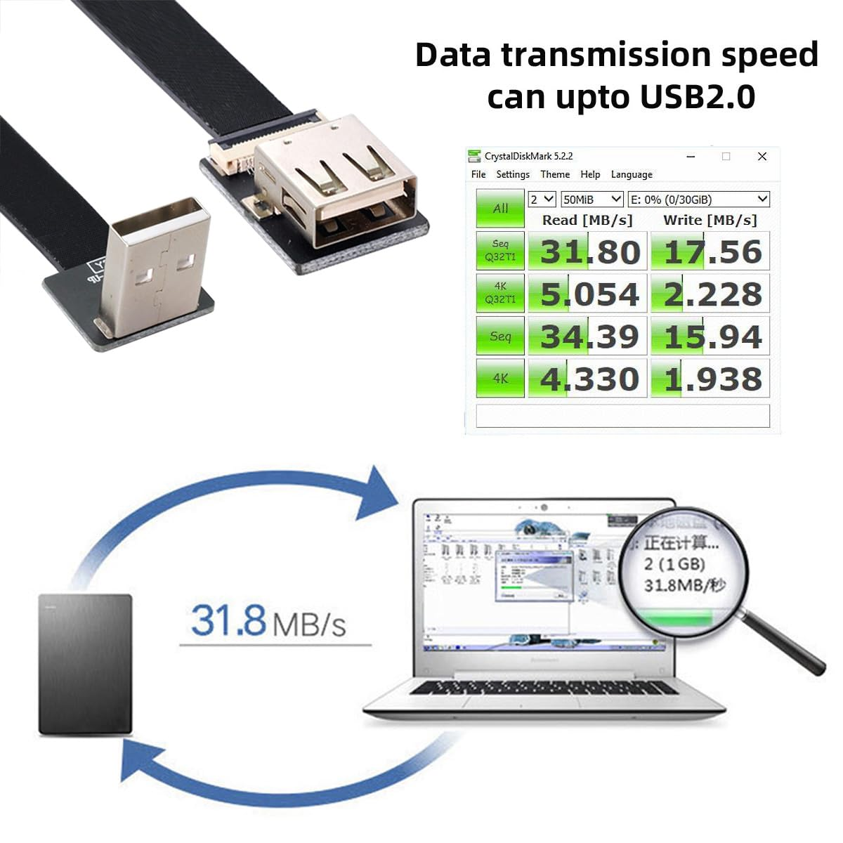 Cablecc up Angled USB 2.0 Type-A Male to Female Extension Data Flat Slim FPC Cable for FPV & Disk & Scanner & Printer 100CM image number 1