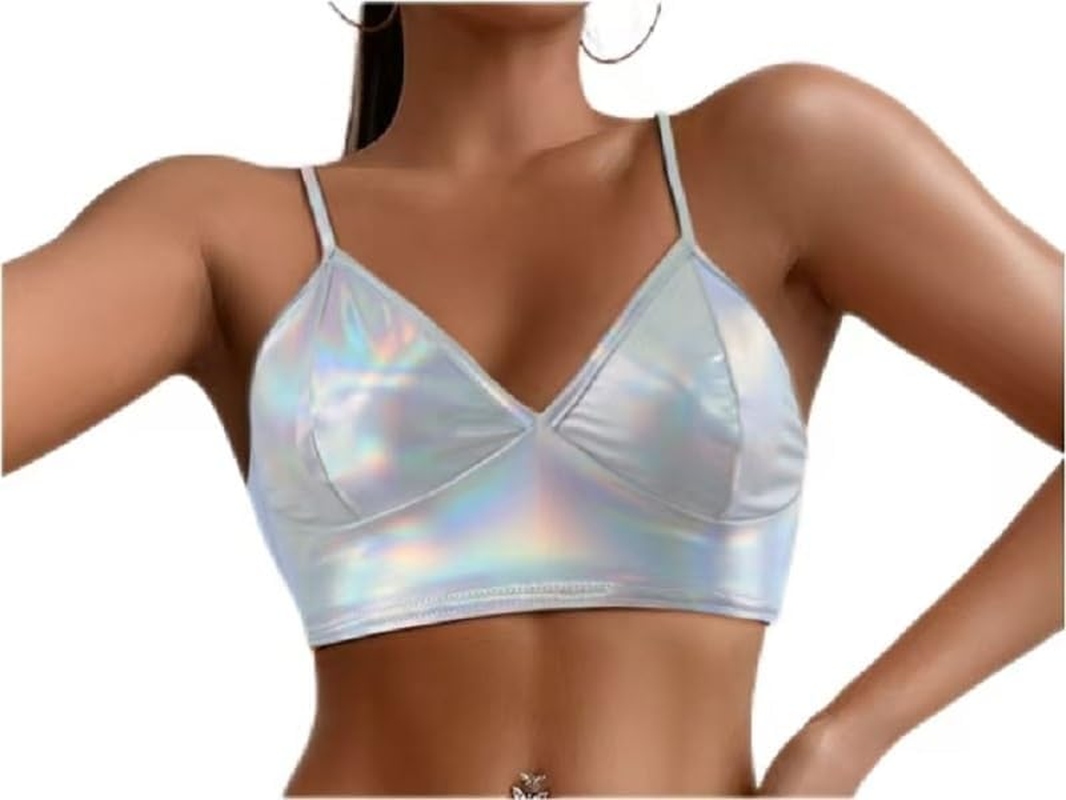 Women'S PU Crop Tops Shiny V-Neck for Dancing Raves Festivals Costumes image number 3