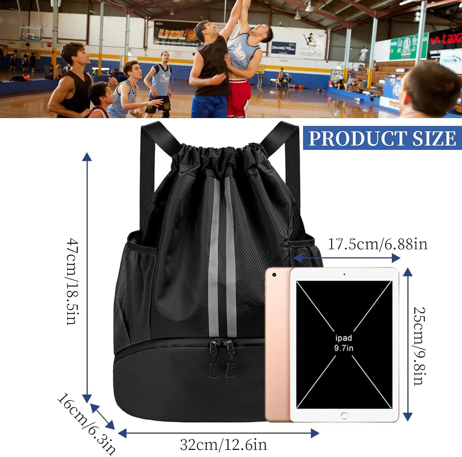Sports Ball Bags with Dry Wet Separation Shoe Compartment, Water Resistant Drawstring Gym Bag Backpack, Side Mesh Pockets Gym Bag, Cricket Football Rugby Basketball Volleyball Backpack image number 6