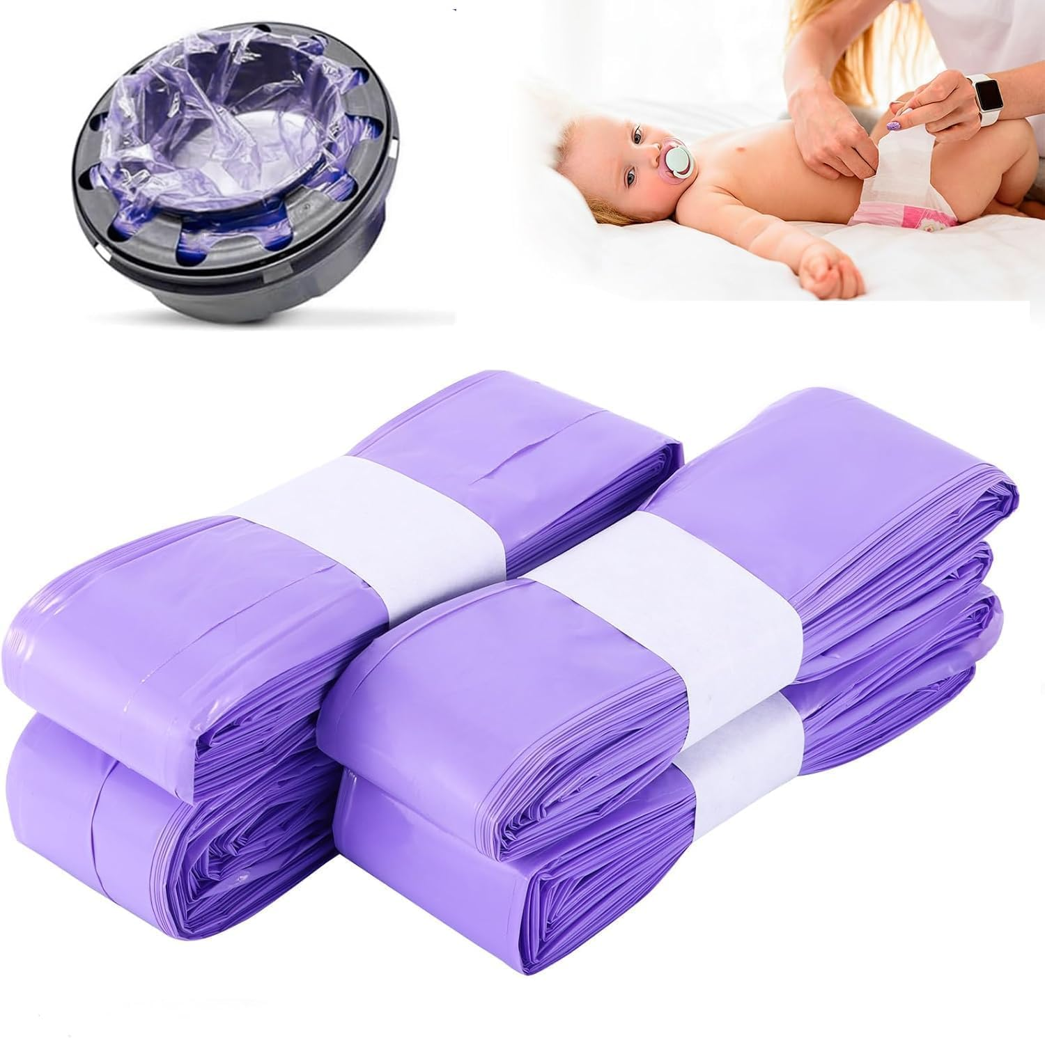 Nappy Bin Refill Bags Diaper Pail Refills Bag Diaper Bin Bags,4.5M Odor Blocking Diaper Pail Liner Cat Litter Refill Garbage Bags (8Pcs-Purple)