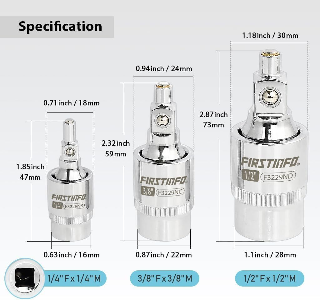 FIRSTINFO F3229N 3-Piece Magnetic Universal Joint Adapter Set, 2-Stage Design Changes Adapter from 360&deg; Swivel to Fixed Position, Includes 1/4-Inch, 3/8-Inch, and 1/2-Inch Drive