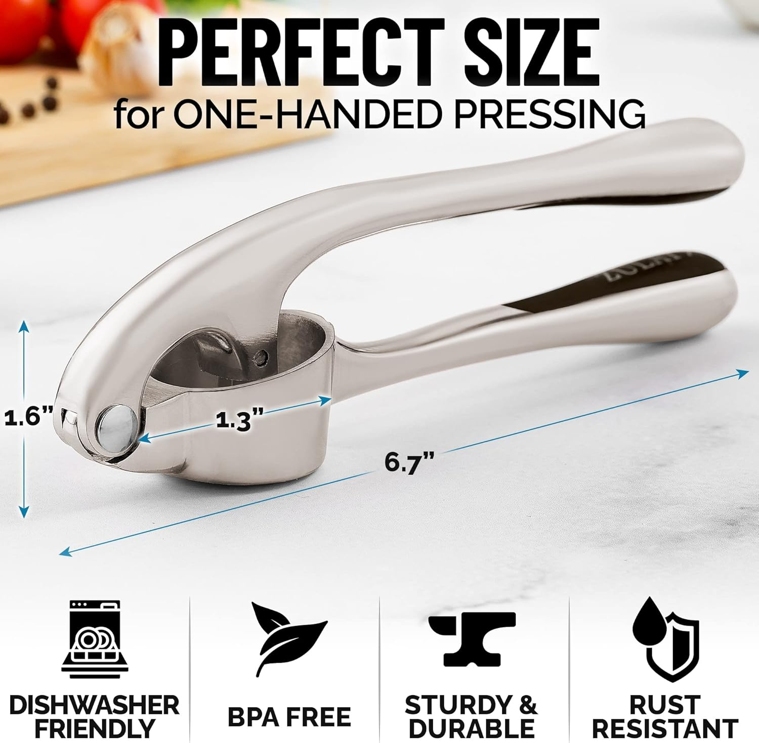 Zulay Kitchen Premium Garlic Press Set - Rust Proof & Dishwasher Safe Professional Garlic Mincer Tool - Easy-Squeeze, Easy-Clean with Soft, Ergonomic Handle - Silicone Garlic Peeler & Brush (Silver) image number 2