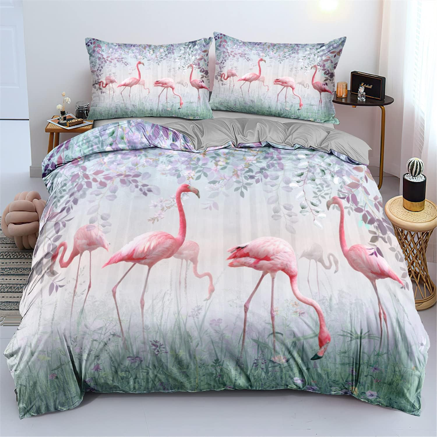 NINGMCE Elegant Flamingo Duvet Cover Romantic Scandinavian-Inspired Theme Pattern Bedding for Kids & Teens Soft Microfiber Quilt Cover Single/Double/King (3/4 PCS) (C,Queen-3Pcs)