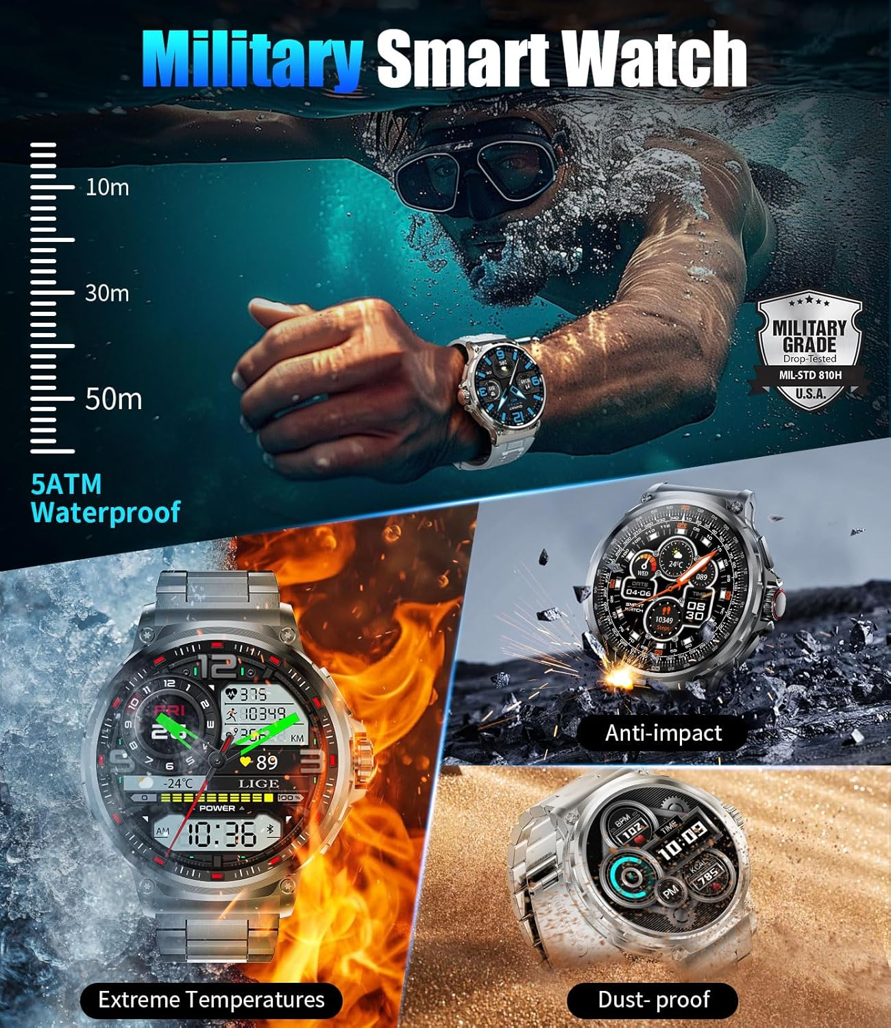 Military Smart Watch for Men (Answer/Make Calls), 1.85" Big Screen Smartwatch with 800Mah Large Battery,100+Sport Modes Calories Pedometers Fitness Tracker Sports Watch 5ATM Waterproof for Ios Android image number 1