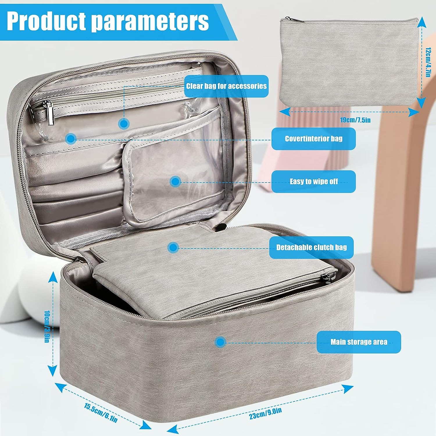 Makeup Bag Cosmetic Bag, 1+1 Travel Makeup Organizer with Makeup Brushes Compartment, 9 X 6Inch Multifunctional Toiletry Bag Portable Waterproof Make up Pouch for Women Girls (Grey) image number 3