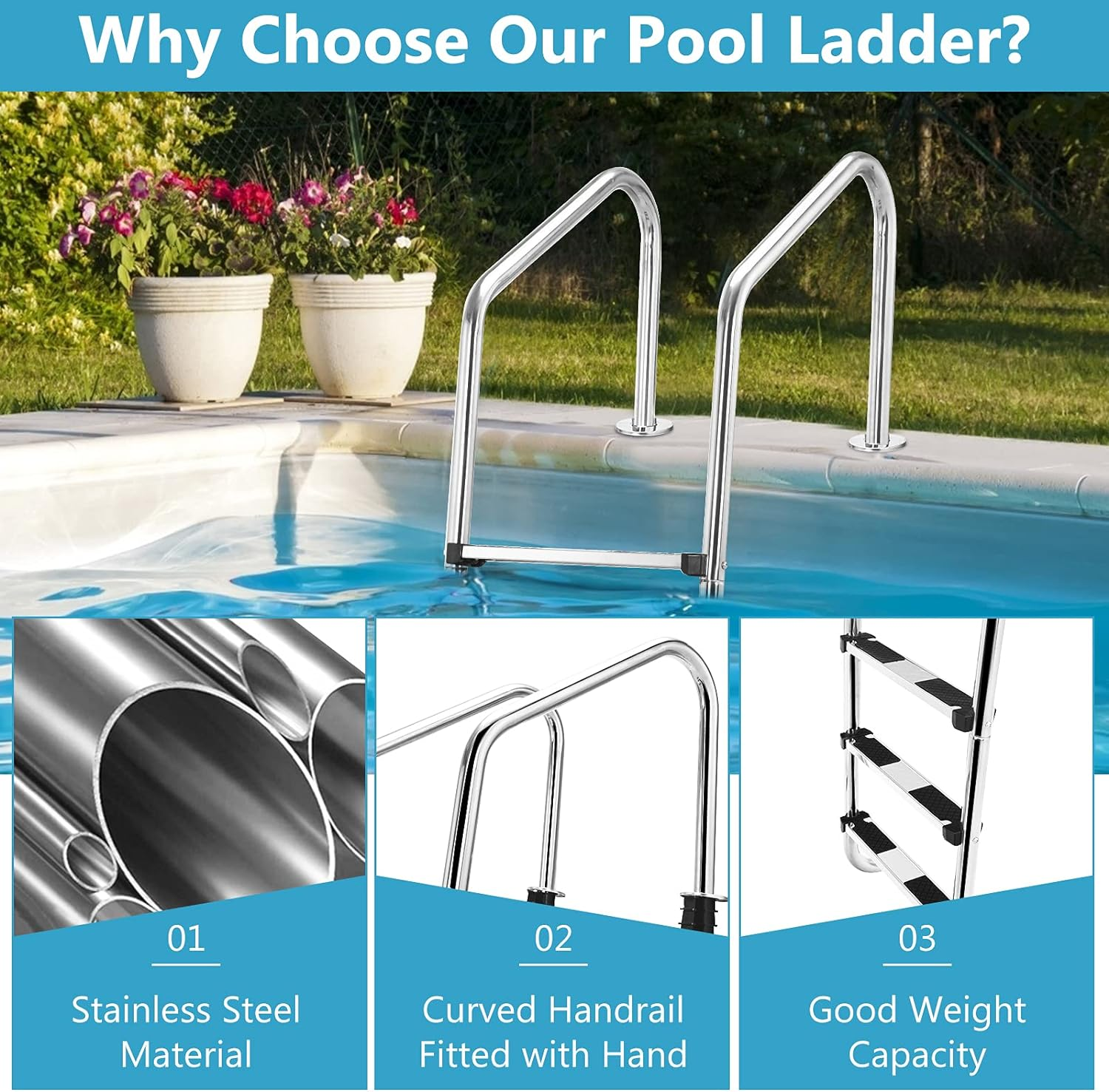Costway 3-Step Split Stainless Steel Pool Ladder, Heavy Duty Steel Ladder for in Ground Pools, Pool Ladder W/Easy Mount Leg, Non-Slip Footstep image number 6