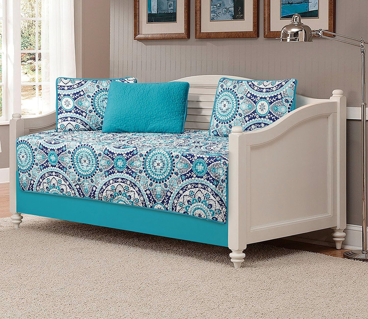 Linen plus King/California King 3Pc Reversible Oversized Bedspread Set Medallion Print Navy Blue White Teal Aqua Taupe New image number 1