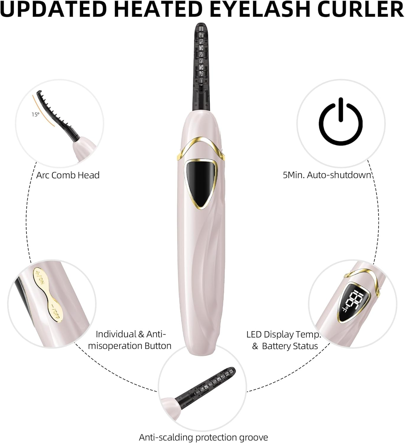 ZAPAL Heated Lash Curler, Heated Eyelash Curler Rechargeable, Intelligent Power off Electric Eyelash Curler Heated Quickly 24 Hs Lasting Natural Makeup for Woman (Petal Pink/Gold, S600-148MM)