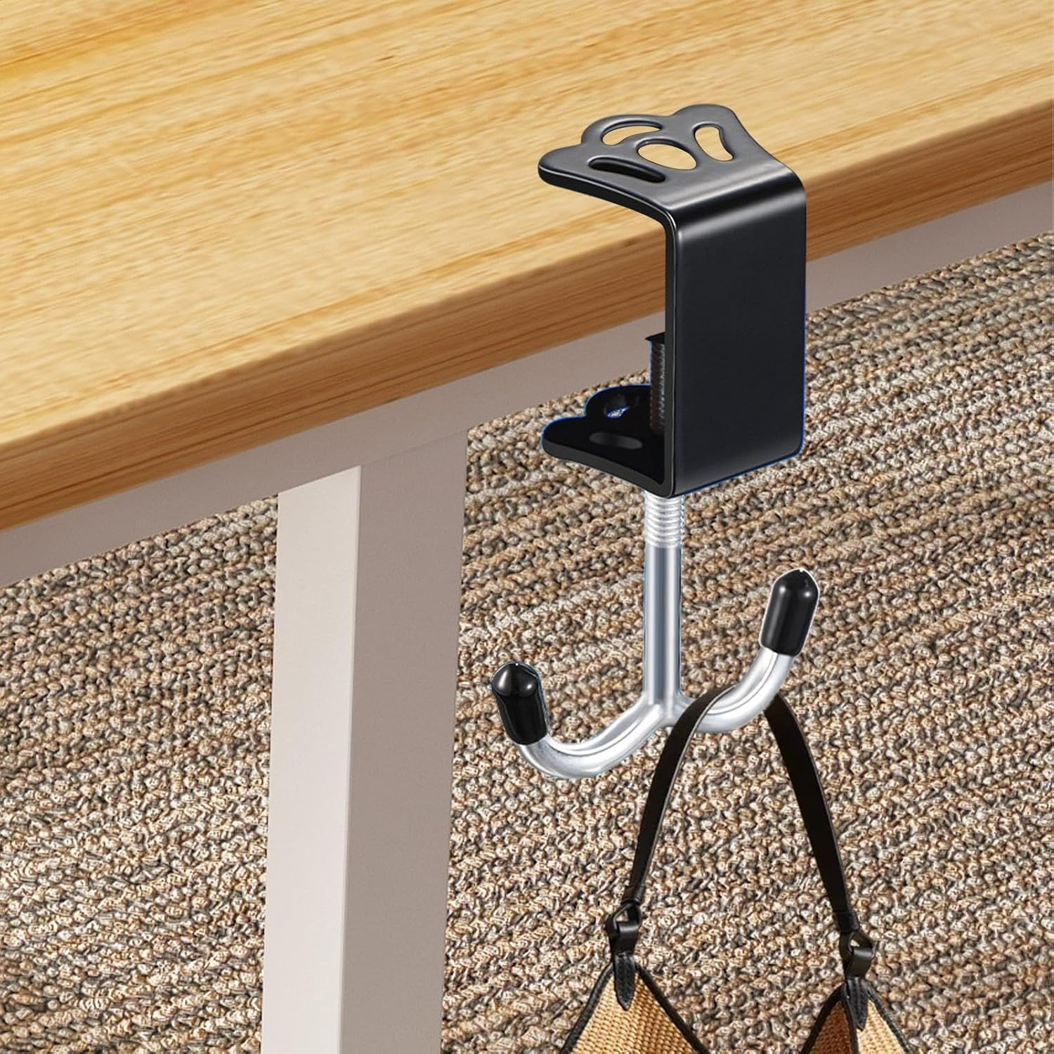Rissunkv Desk Clamp Hook, Desk Mount Double Hooks Iron Bag Holder, Purse Hook Adjustable Thickness for Table for Headphones, Keys, Umbrellas