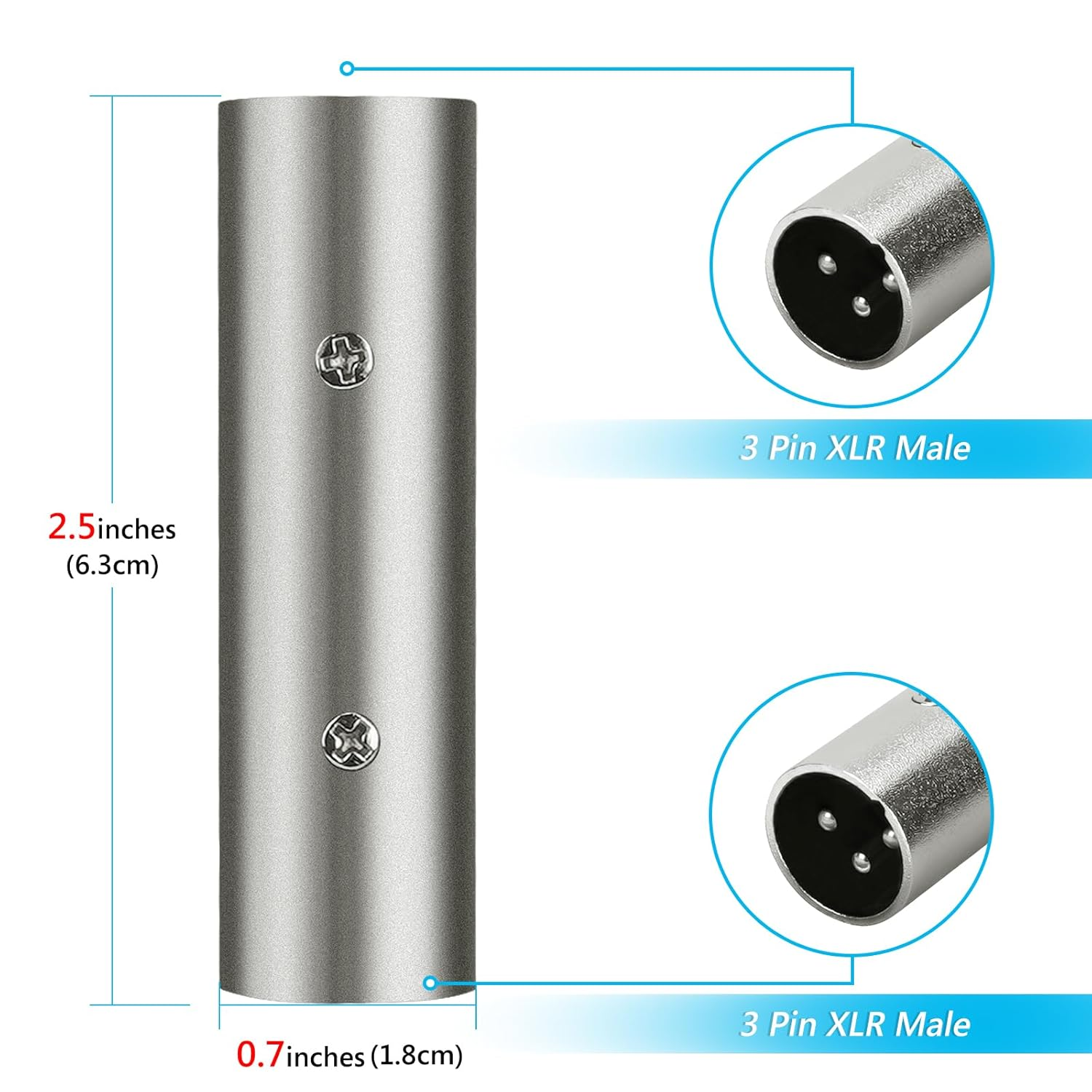 Geekria for Creators XLR Male to XLR Male Microphone Cable Adapter, Compatible with Shure SM57, SM7B, MV7, PGA48, Behringer Xm8500 Mic Cord Plug (Silver, 2 Pack) image number 3