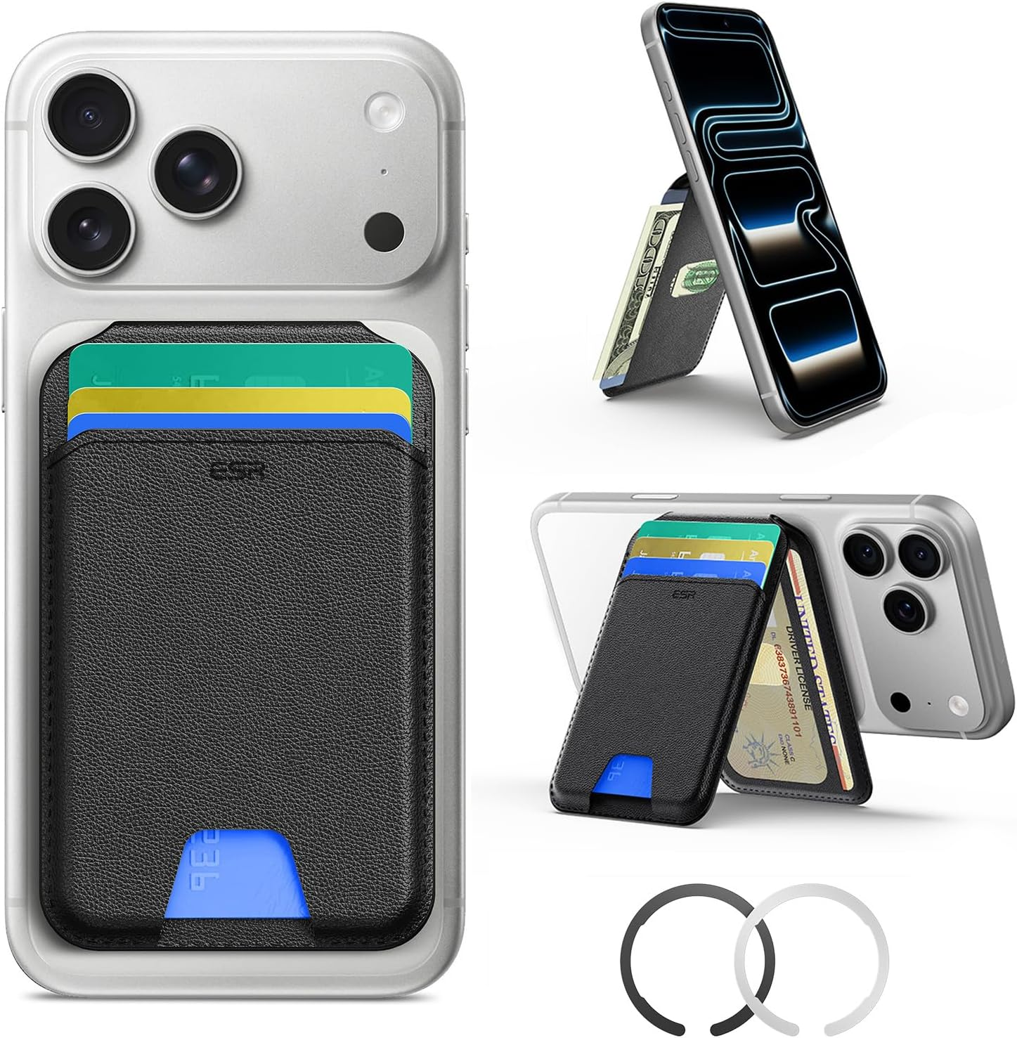 ESR Magsafe Wallet, 5-Card Holder with RFID Blocking, Slim Magnetic Wallet for Iphone with Stand, Magsafe Sticker Included, 17/16/15/14/13/12 Series and Selected Samsung Devices, Not for Mini, Black