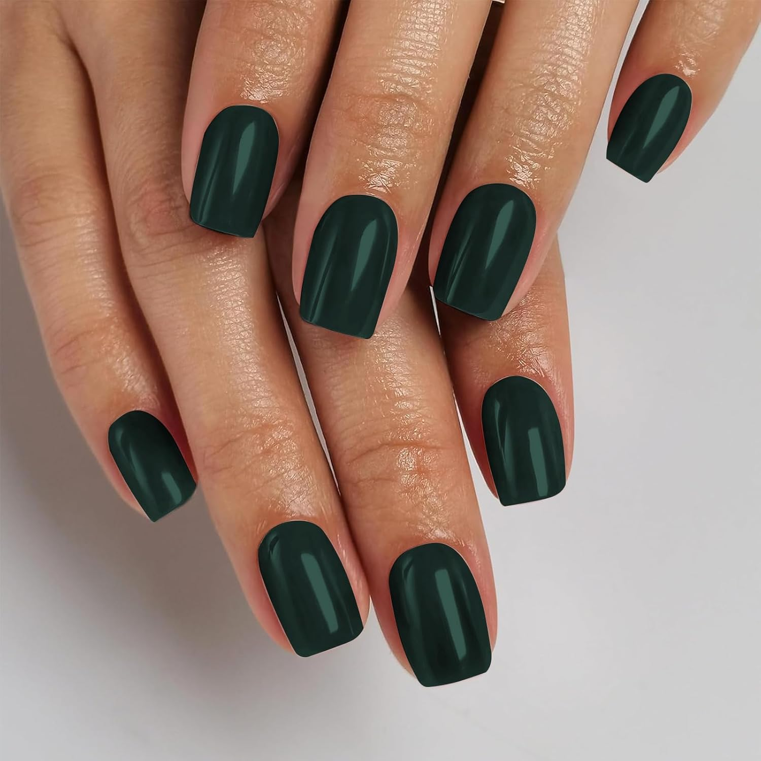 Qioon 24 Pcs Short Square Dark Green Press-On Nails, Full Cover Fake Nails with Adhesive Tabs and Mini Nail File, Artificial Fingernails for Women and Girls DIY Manicure Nail Art image number 2