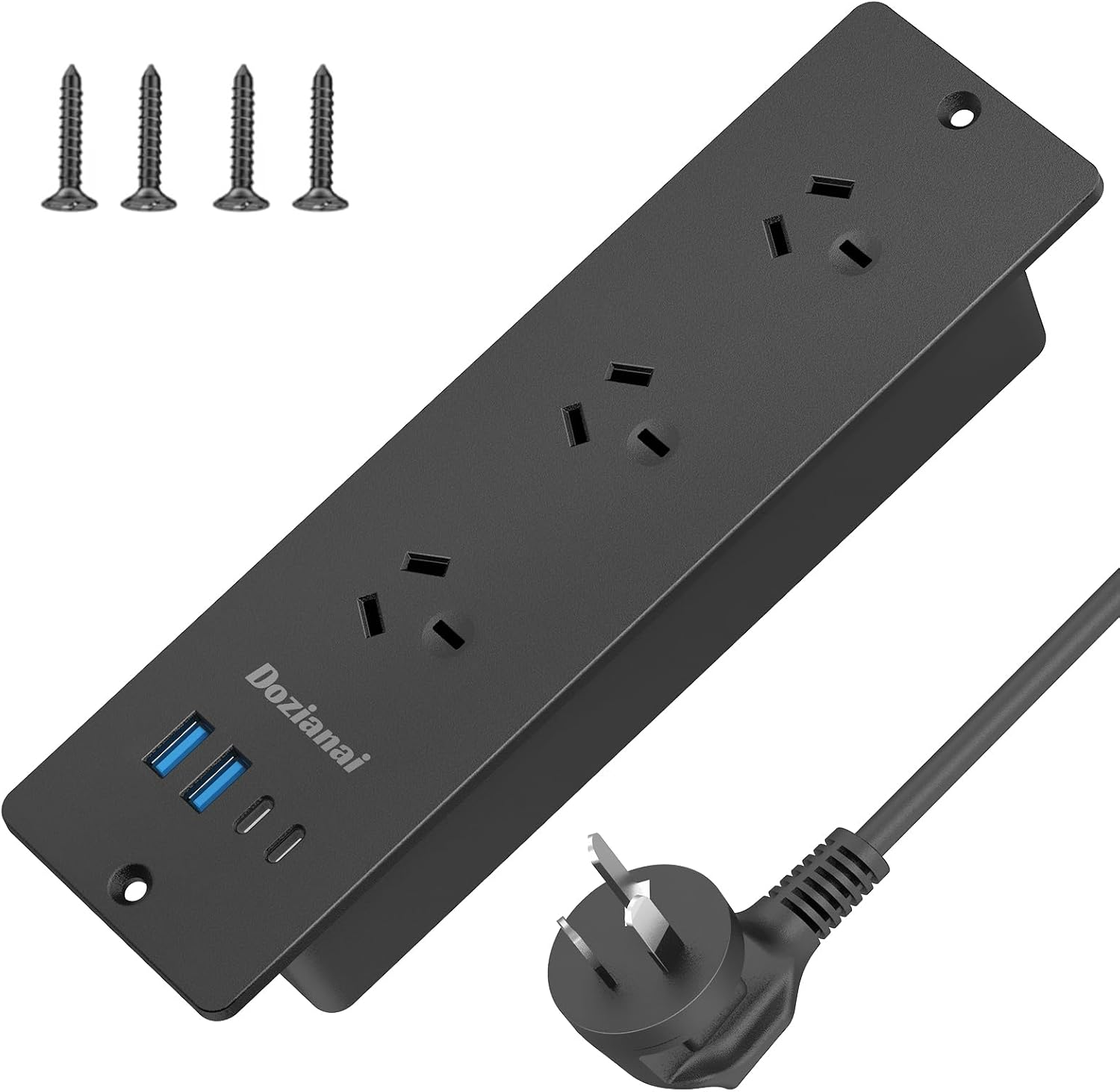 Recessed Power Board with 3 Outlets 4 USB Ports (2&times;USB-C, 2&times;USB-A), 10A/2400W, 2M Extension Cord, Space-Saving Drawer Outlet Flush Mount Power Strip for Desk, Home Office (White)