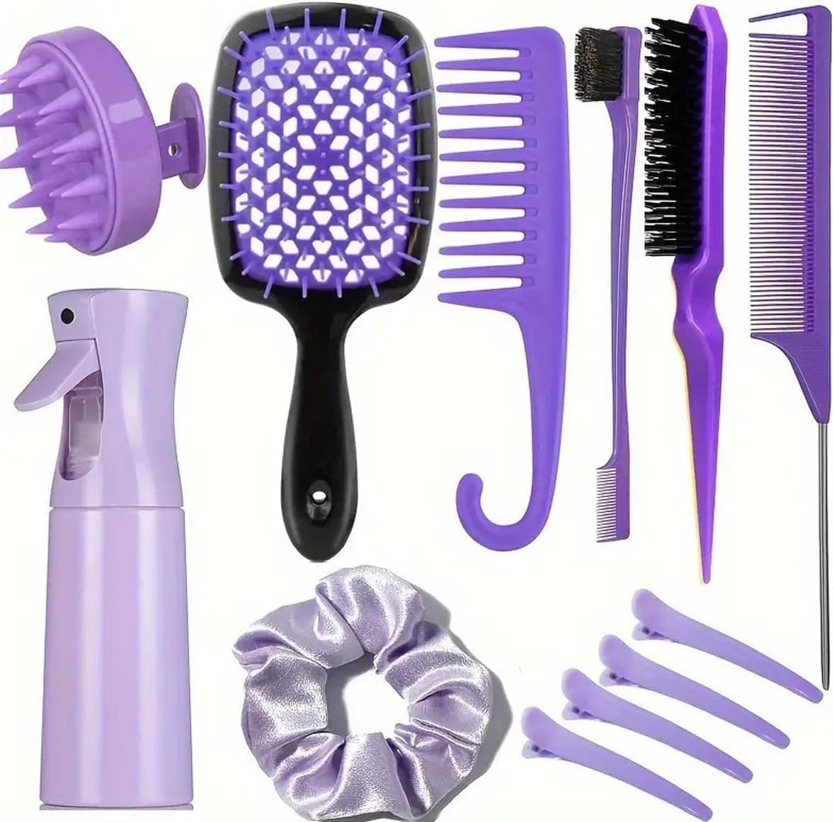 12 Piece Hair Comb and Hairbrushes Set for Men Women, Silicone Scalp Massager Shampoo Brush for Shower, Hairdresser Spray Bottle, Hair Styling Tools, Travel Essentials (Black)