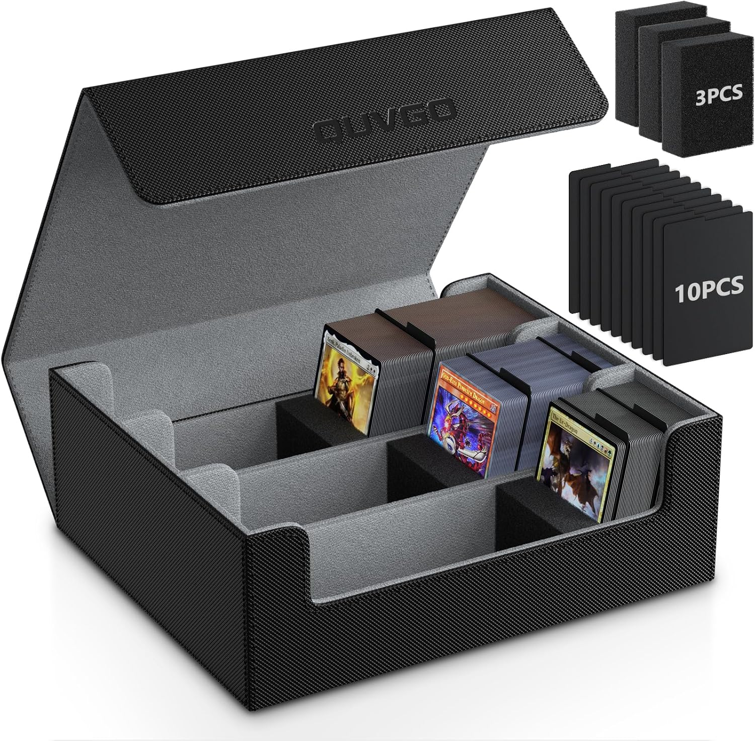 QUVGO Trading Card Storage Box for 1800+ Cards, Durable PU Leather with Strong Magnetic Closure, Fits MTG, Yu-Gi-Oh, Sports Cards, Includes 10 Dividers and 3 Foam Stoppers, Black & Gray image number 4