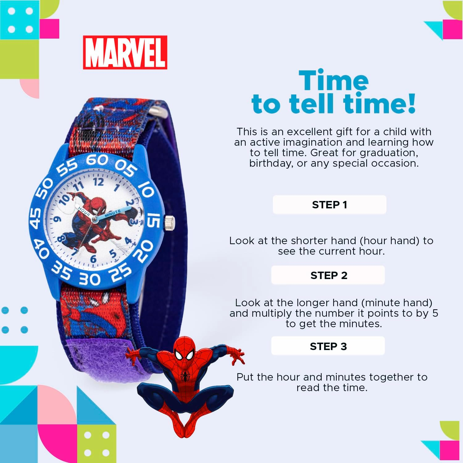 MARVEL Spider-Man Kids' Plastic Time Teacher Analog Quartz Nylon Strap Watch, Blue/Multi, Analog Spider-Man Watch