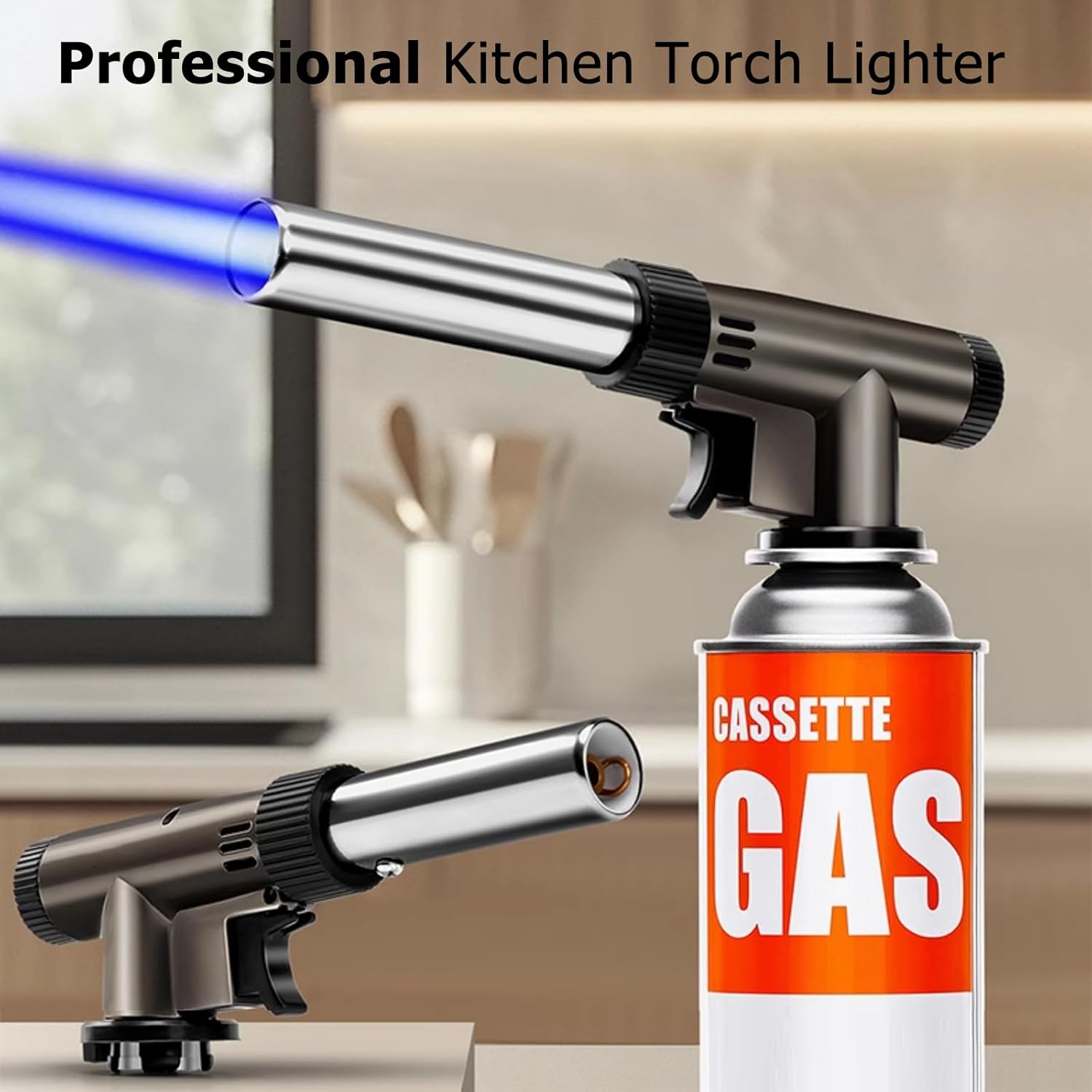 Butane Torch, Professional Kitchen Torch Lighter, Metal Case, 360&deg; Reverse Use, Adjustable Flame Shape Strength Gas Burner for Desserts Creme Brulee Baking BBQ Camping Soldering (Fuel Not Included) image number 5