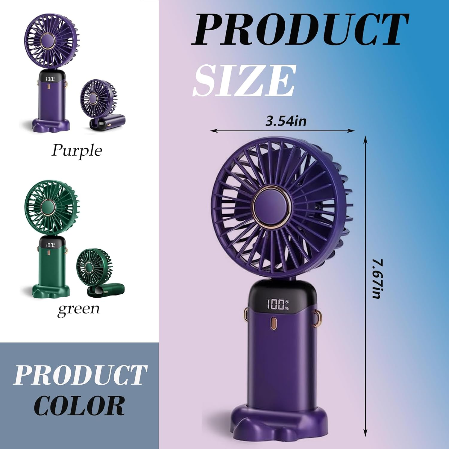 LXSMPWY Handheld Fan with Digital Display - 5 Speed Foldable USB Desk Fan, 1200Mah (8Hrs on Low), 90&deg; Adjustable, 200G Ultra Light, Portable Fan for Office Travel Camping Outdoor - Purple - Purple image number 2