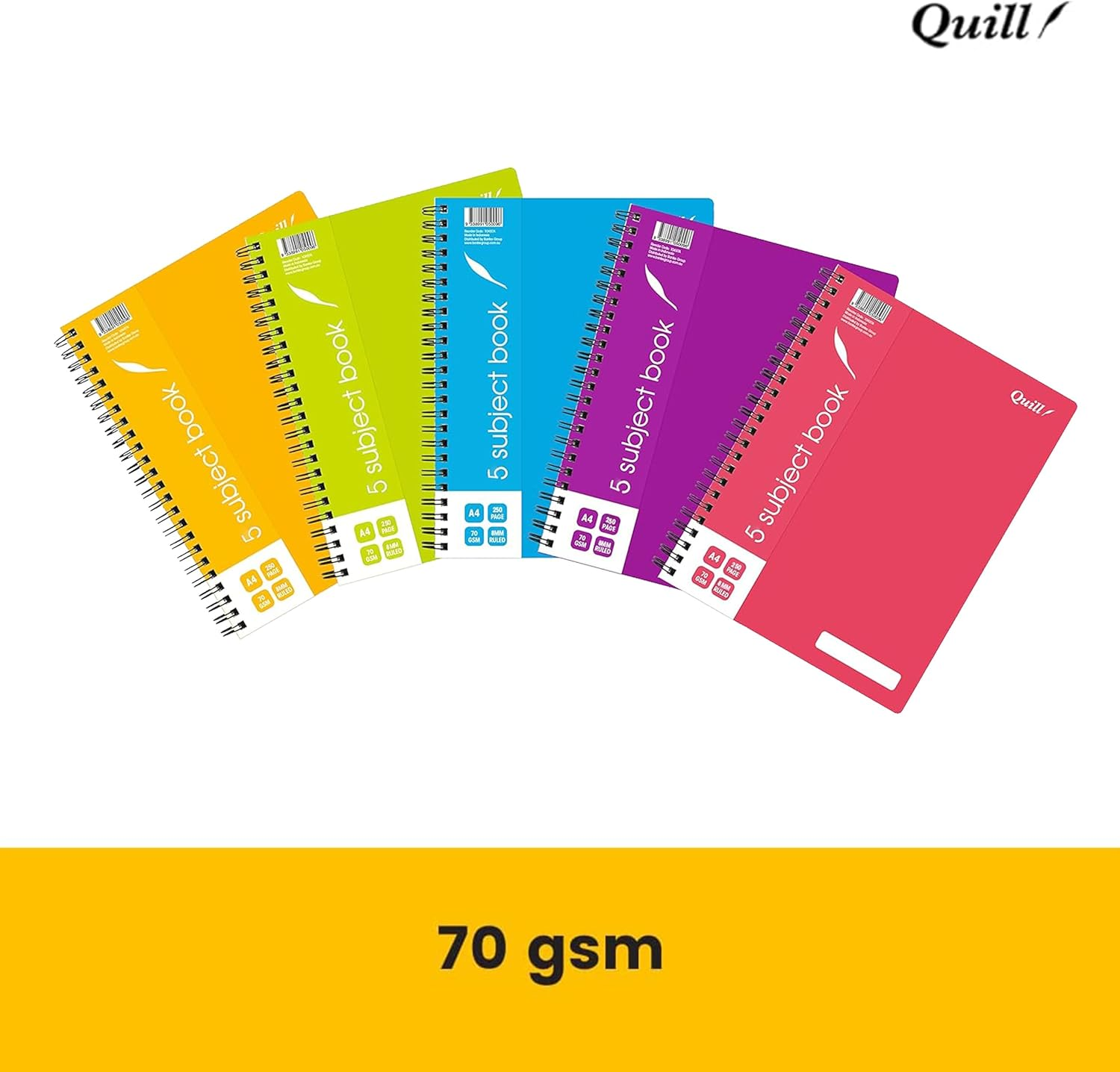 Quill, 5 Subject Notebook A4, 250 Pages, 8Mm Ruled, 70Gsm, 7 Punched Holes, with Red Margin and Perforated Pages, Water Resistent Cover, Random Colour image number 5