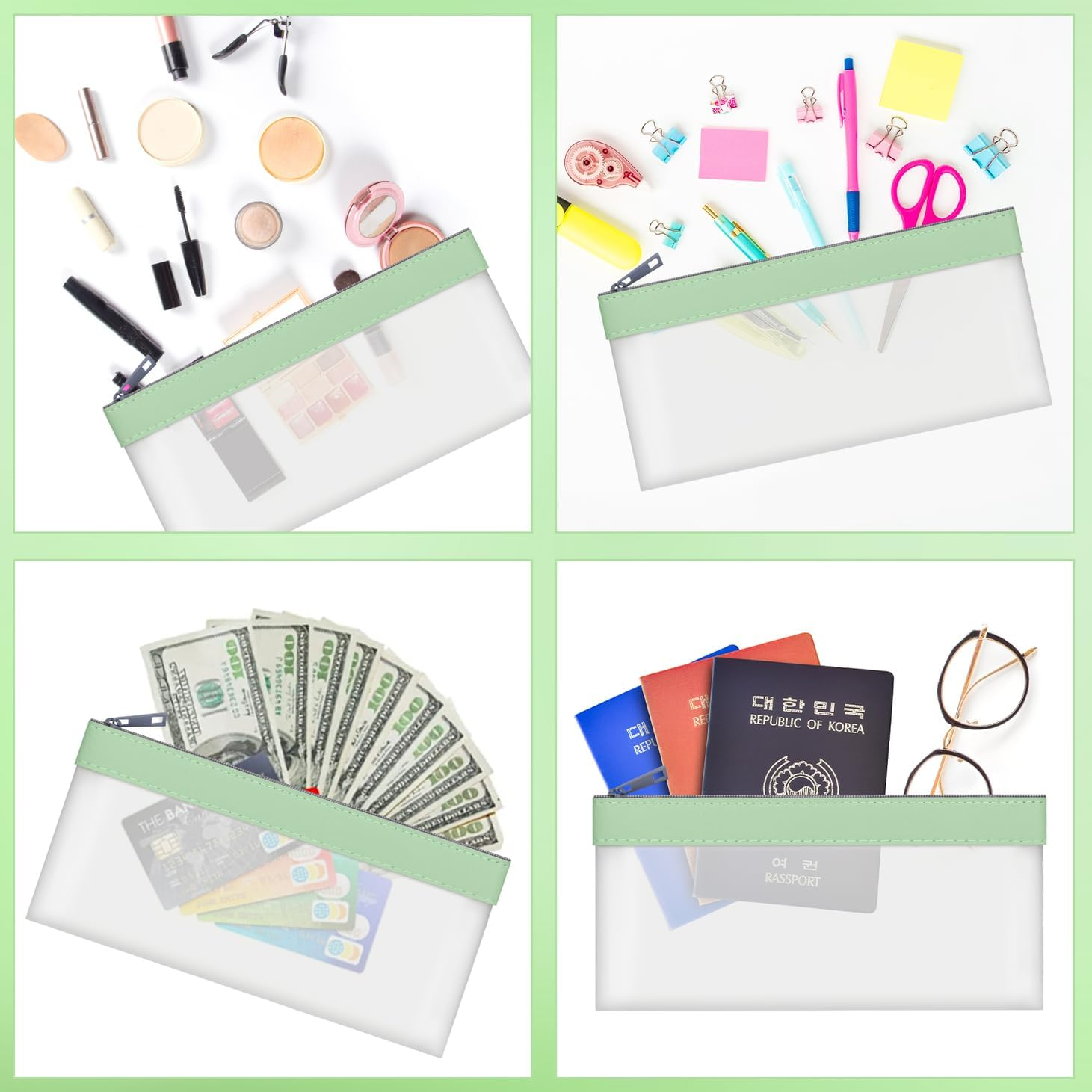 4 Pieces Money Bags with Zipper, Cash Envelopes,7.6 X 3.7 Inch Money Pouch, Clear Bank Deposit Bags, Bank Bag, Cash Bag, Coin Bag for Collectors, Multi-Purpose Check Wallet with 4 Colors, Green, 7.6 X