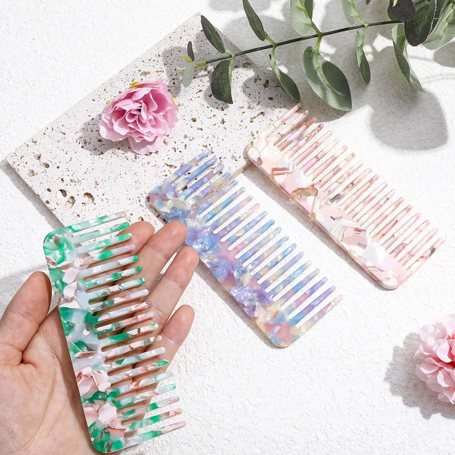 Classicseali 3PCS Travel Comb for Women, Portable Mini Comb for Women, Patterned Colorful Acetate Hair Combs, Small Wide Tooth Comb for Thick Curly Wavy Hairs, Wet or Dry Straight Hairs image number 5
