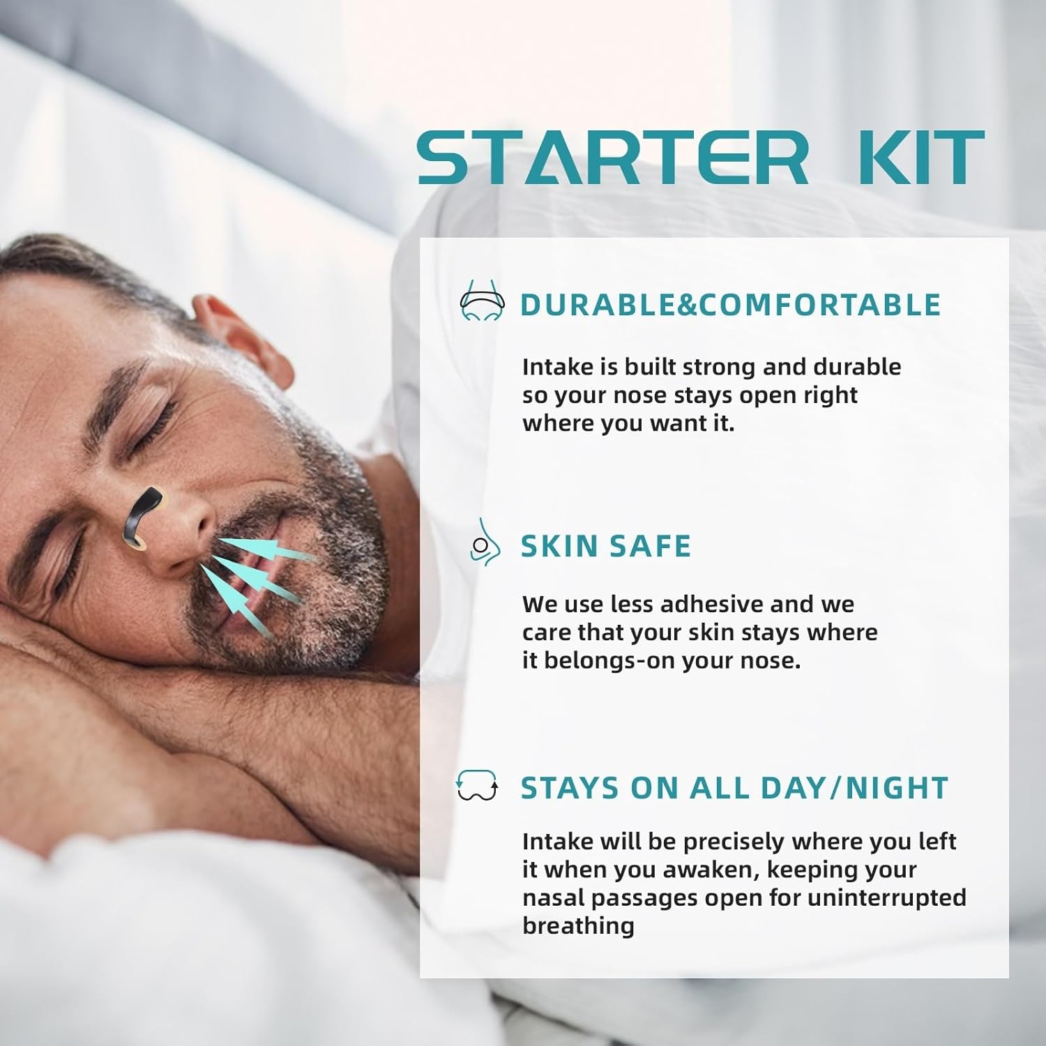 Breathing Nasal Strip Starter Kit (15 Count) - Boost Oxygen Intake, Reduce Snoring, Improve Sleep Quality - Sweat Resistant, Skin Safe Nasal Strips - Extra Strength Snoring Solution (BLACK)