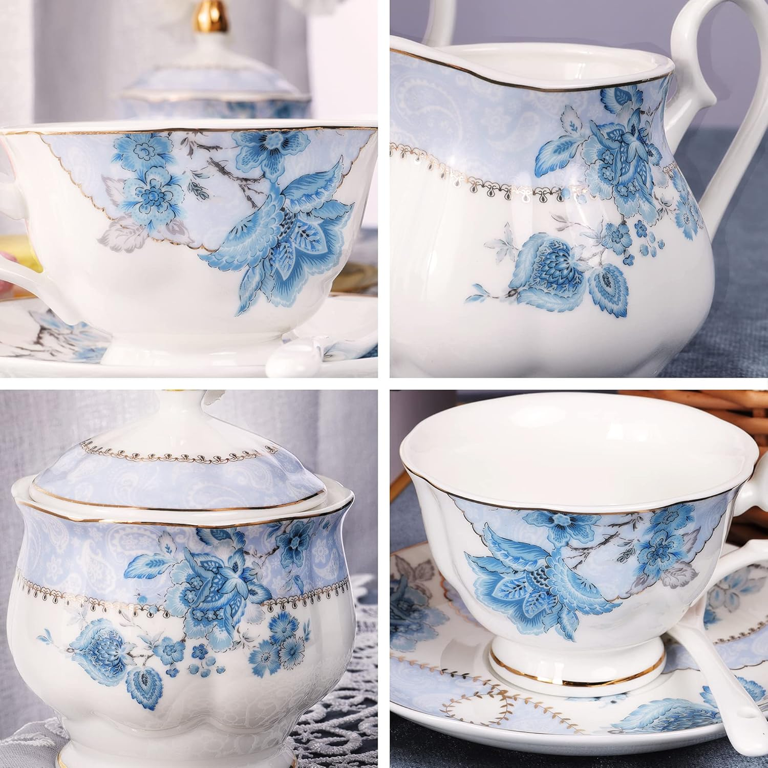 Fanquare Blue Flowers Porcelain Tea Set,Tea Cup and Saucer Set,Service for 6,Wedding Teapot Sugar Bowl Cream Pitcher,China Coffee Set image number 2