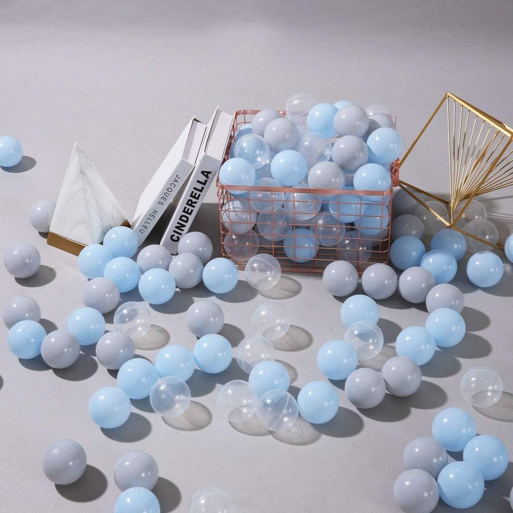 Playmaty Colorful Ball Pit Balls - 100 Pieces Phthalate Free BPA Free Plastic Ocean Balls Crush Proof Stress Balls for Kids Playhouse (Light Blue/Light Gray/Clear) image number 4