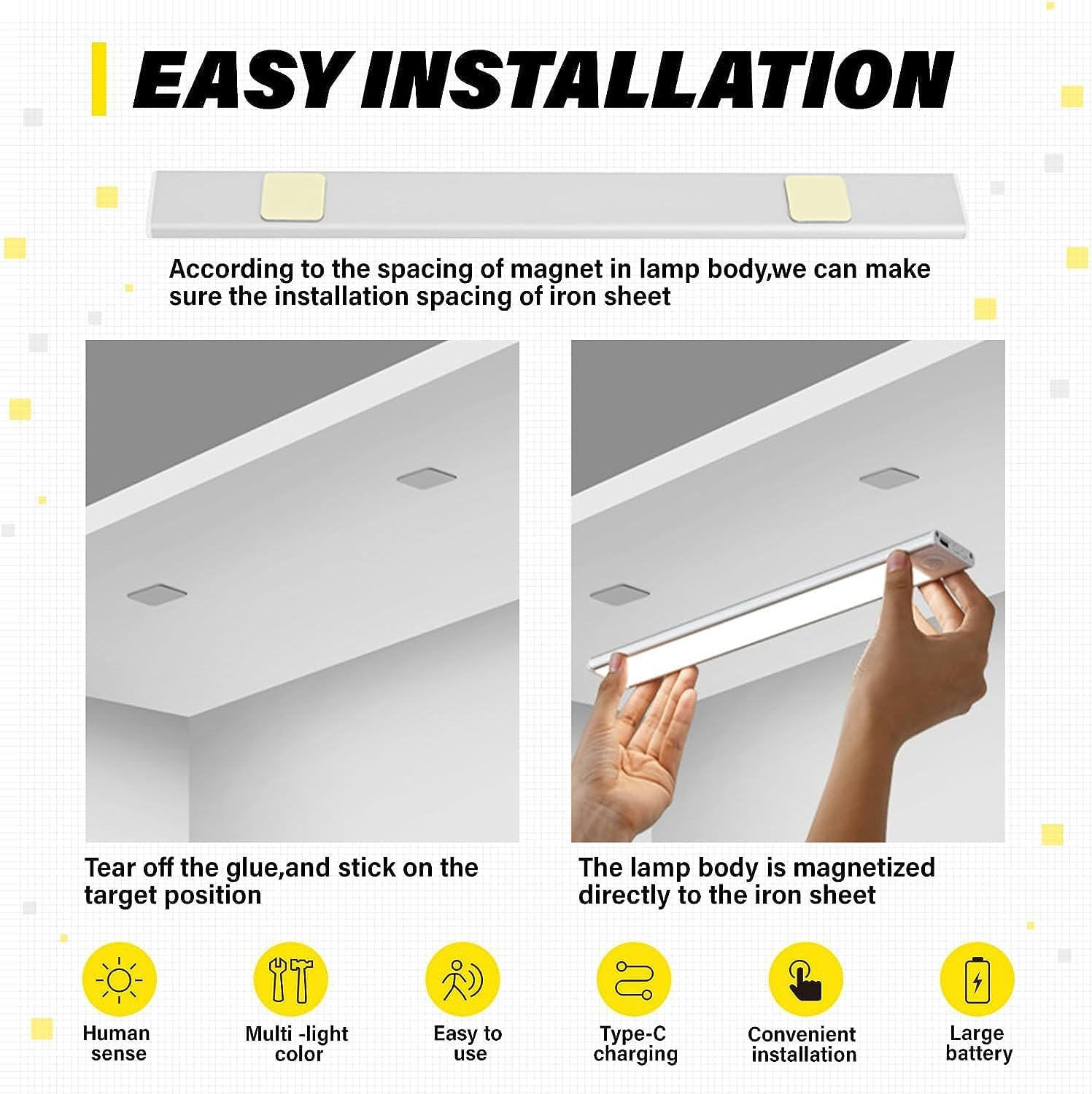 2Packs（20Cm） Closet Lights under Cabinet Magnetic Motion Sensor Wireless USB Rechargeable 68-LED 3 Color Dimmable Magnet Touch Light Bar for Wardrobe, Cabinet, Kitchen Stairs Hallway Camping