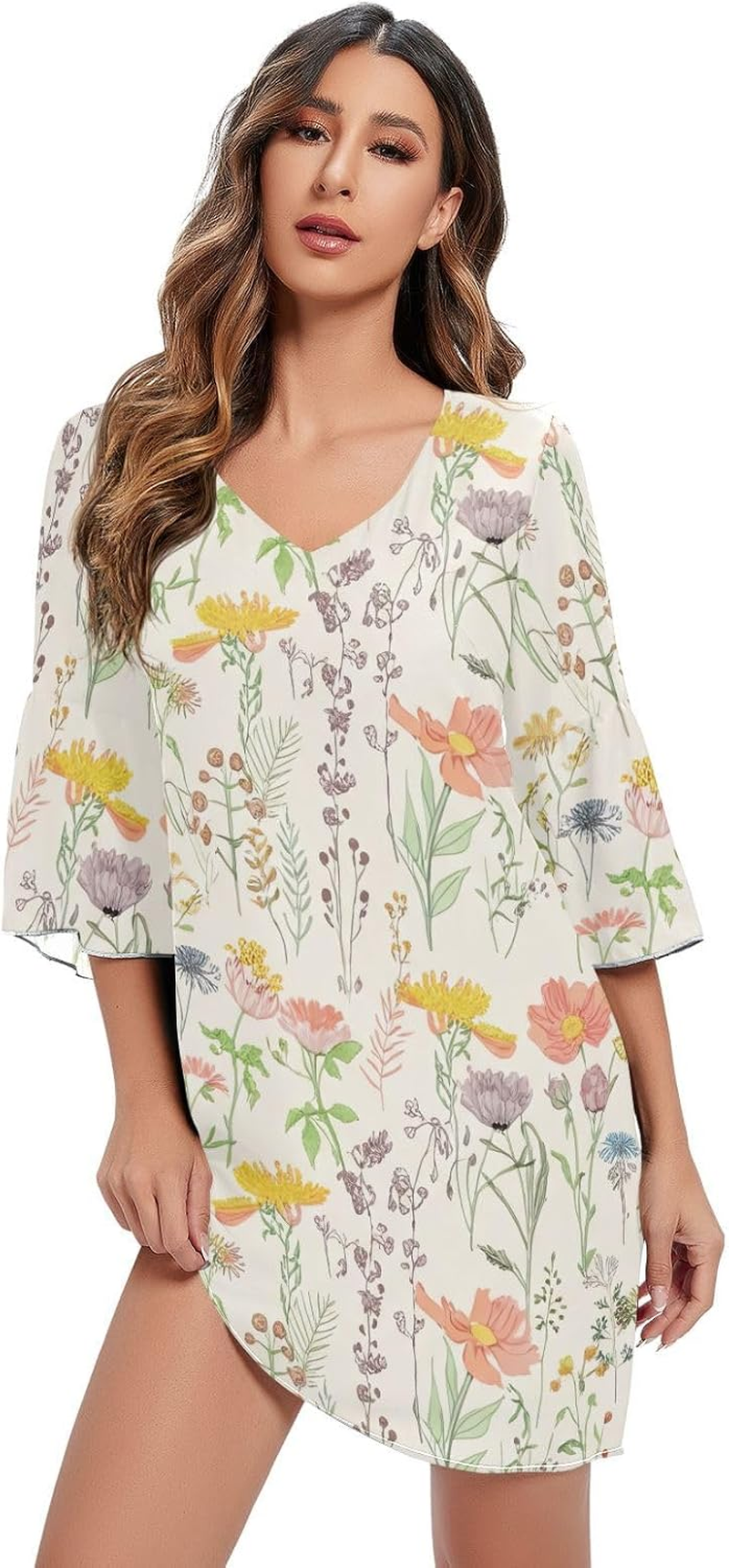 Wildflowers Meadow Plants Short Chiffon Dress Printed Line Maternity Dress S-XXL image number 1