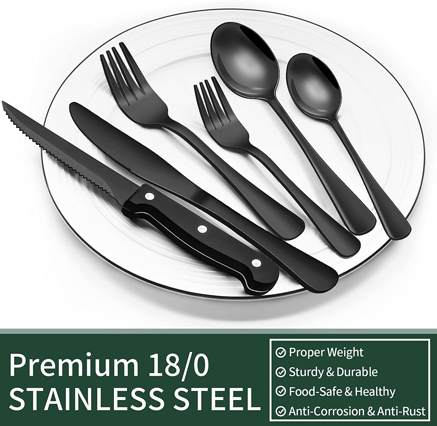 24-Piece Black Silverware Set with Steak Knives, Black Flatware Set for 4, Food-Grade Stainless Steel Tableware Cutlery Set, Mirror Finished Utensil Sets for Home Restaurant image number 1