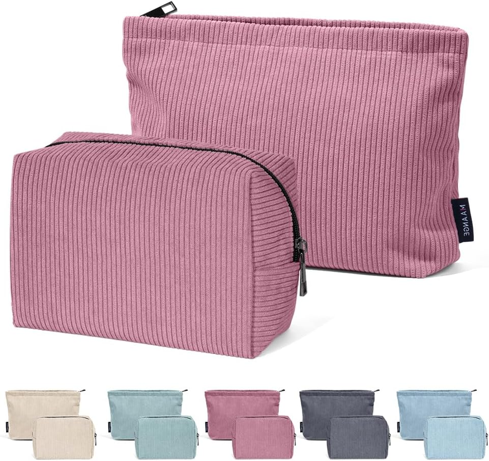 MAANGE 2 Pcs Cosmetic Bag, Travel Makeup Bag Makeup Pouch Corduroy Portable Versatile Zipper Pouch Make up Bag for Women (Red image number 6
