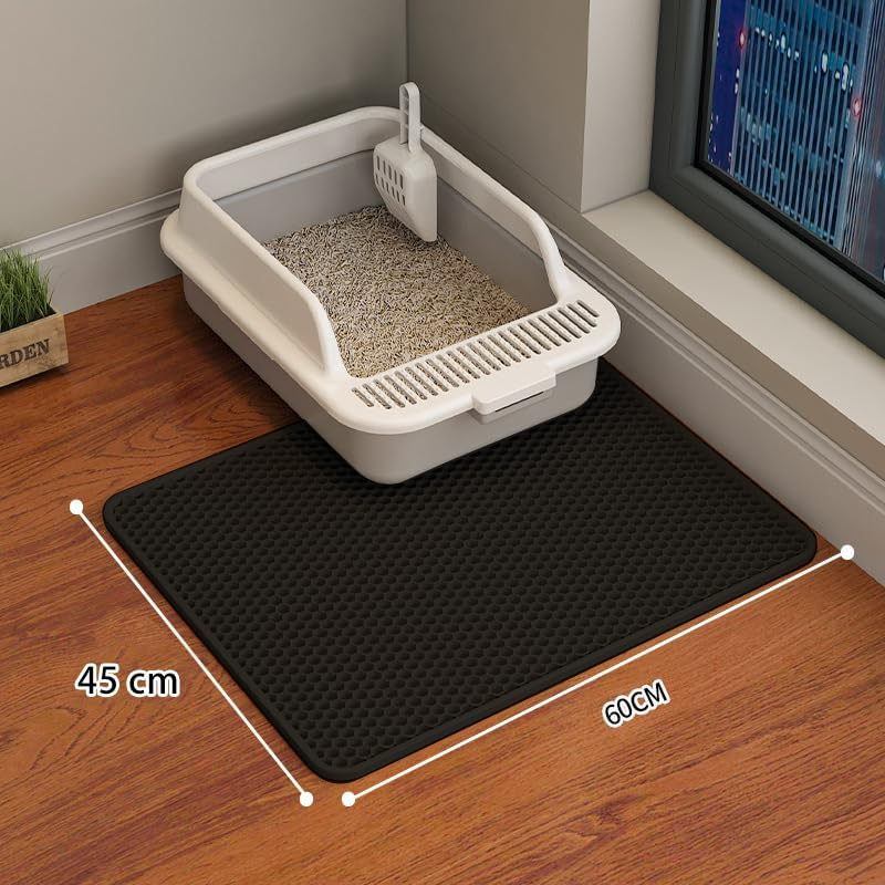 Cat Litter Mat Cat Litter Trapping Mat, 60 X 45 Cm Honeycomb Double Layer Design, Urine and Water Proof Material, Scatter Control, Less Waste, Easier to Clean,Washable Black image number 5