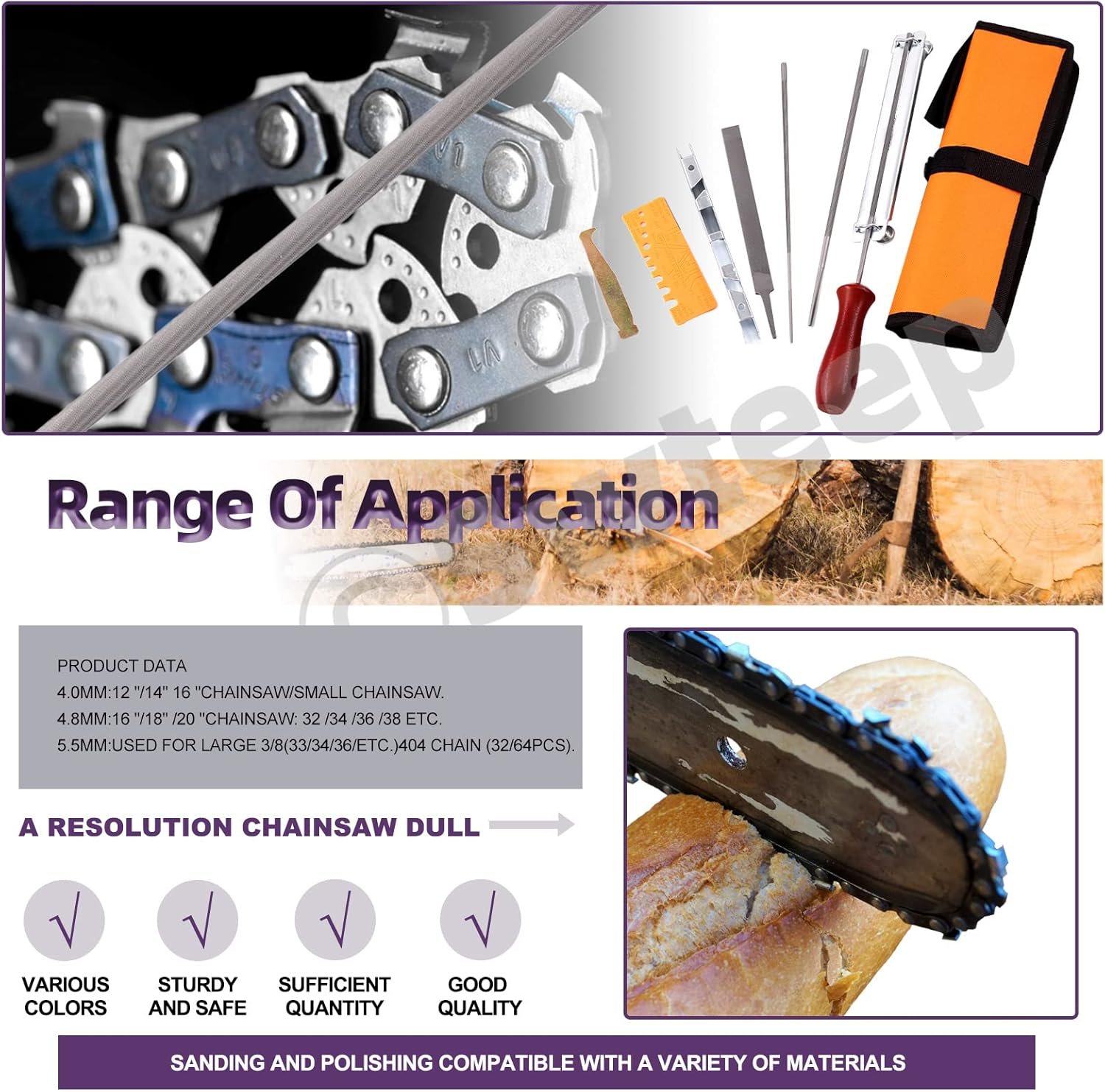 Swpeet 10Pcs Chainsaw Sharpener File Kit, round Files of 5/32, 3/16, 7/32 Inch, Flat File, Blade Filing Guide, Raker Tooth Depth Gauge, Wood Handle and Tool Pouch for Sharpen Chain Saw Teeth Blade