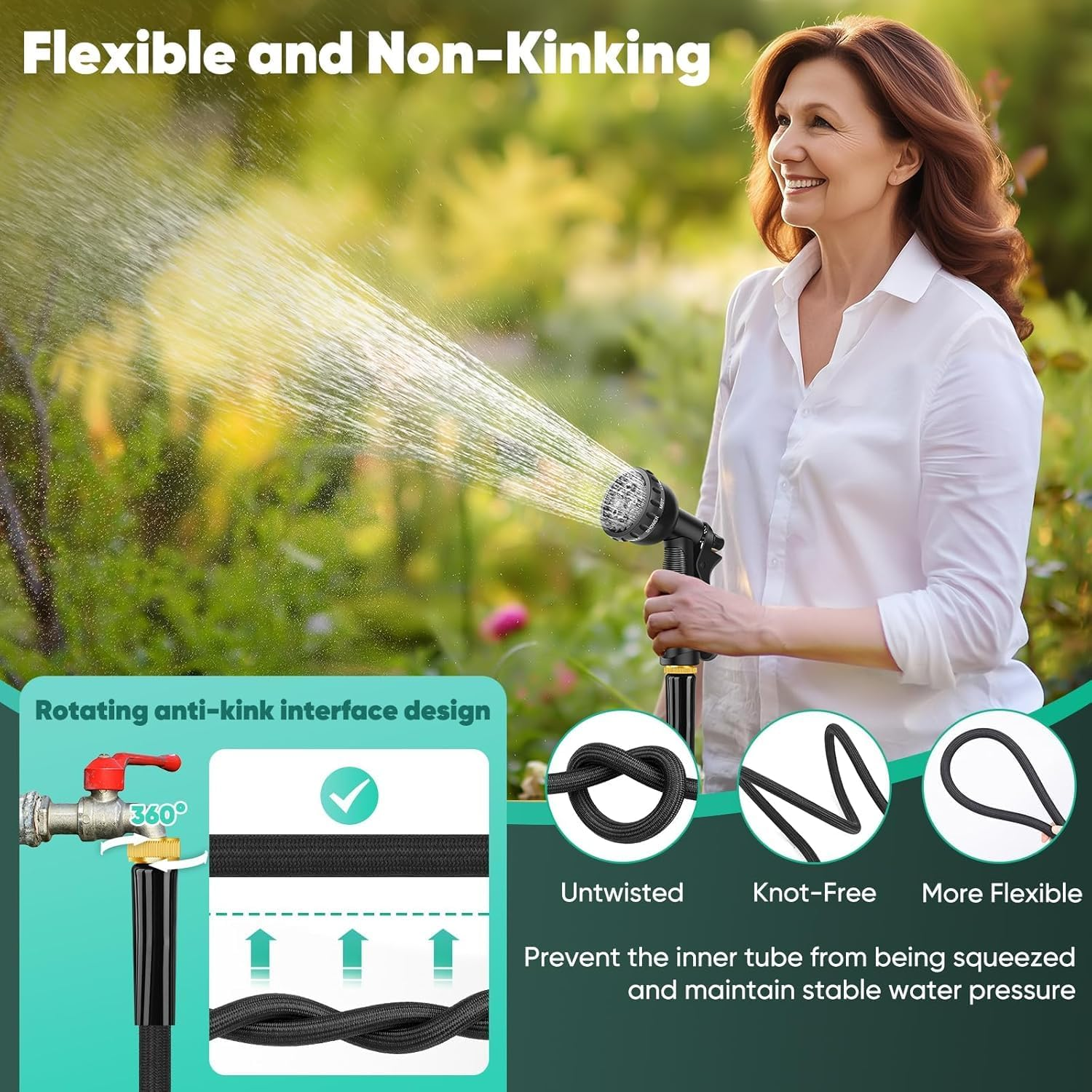 Garden Hose 100FT Lightweight Hose - Lightweight Hose with 8 Function Nozzle, Leak-Proof, No-Knot, Easy to Carry, Wear-Resistant, Sturdy, Flexible, Water Hose for Yard, Garden, Outdoor image number 5