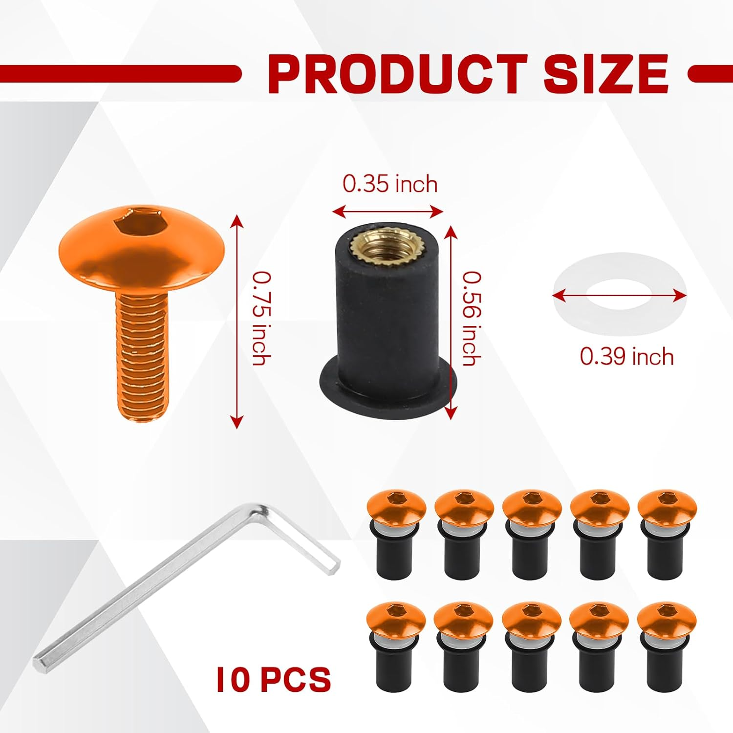 Hovom 10PCS Motorcycle Windshield Bolts Screws Kit, Aluminum Motorbike Windscreen Body Mounting Kit with Bolts Nuts Washers, M5&times;16Mm Windshield Installation Fasteners for Motorcycle (Orange) image number 5