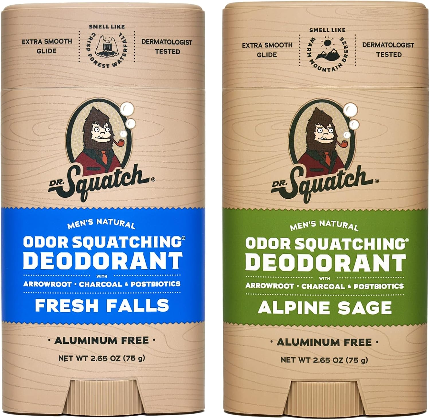 Dr. Squatch Natural Men&rsquo;S Deodorant &ndash; Aluminium Free Natural Deodorant for Men with Charcoal & Postbiotics for 72-Hour Odor Protection &ndash; Alpine Sage & Fresh Falls, 75G Stick (2-Pack) image number 1