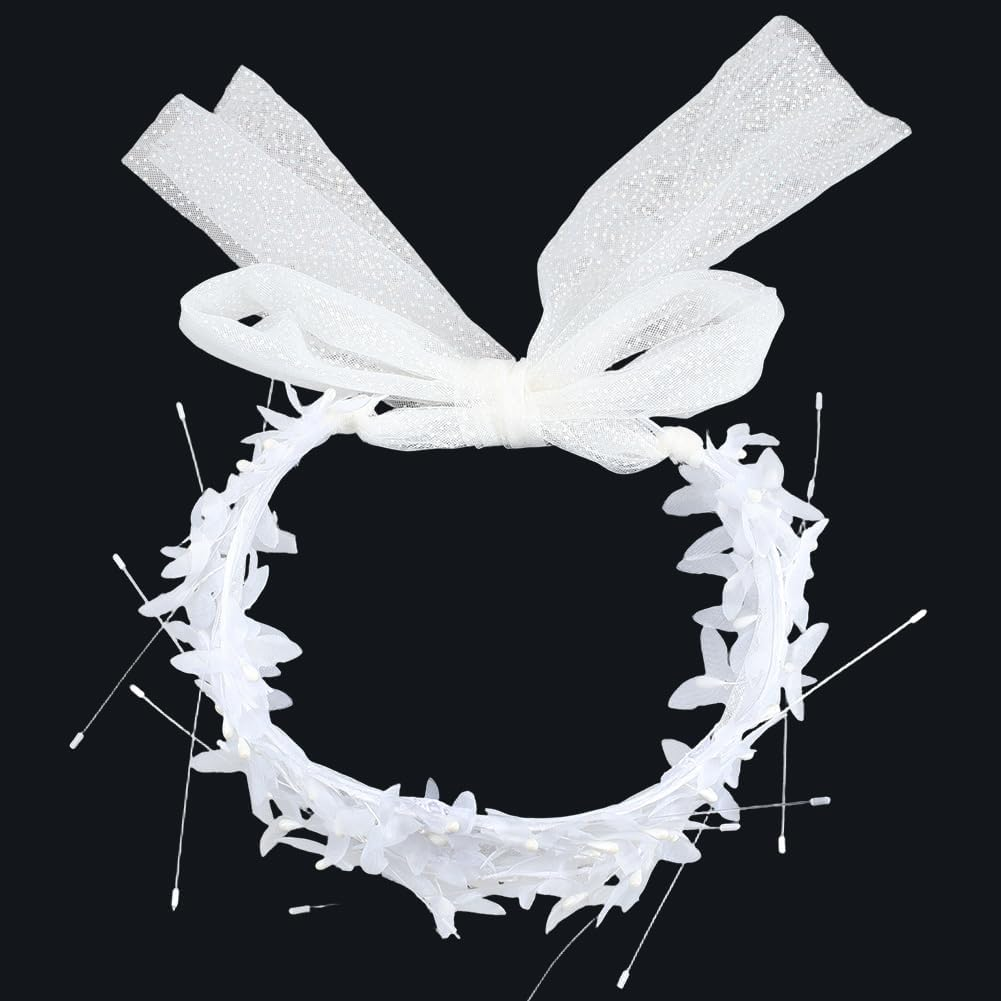 CABODYALS White Pearl Beads Mesh Headpiece Bridal Boho Fairy Headband Wedding Vintage Jewellery Hair Vine Bowknot Tulle Headbands for Women Dresses Birthday Party Halloween Cosplay Accessories