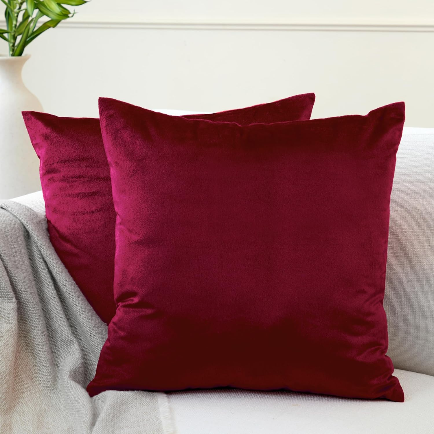 Encasa XO Velvet Cushion Cover Set of 2 Maroon 60X60 Cm Solid Plain Dyed Soft & Smooth Pillowcase | No Insert, Square Decorative Sham for Living Room, Sofa, Bedroom