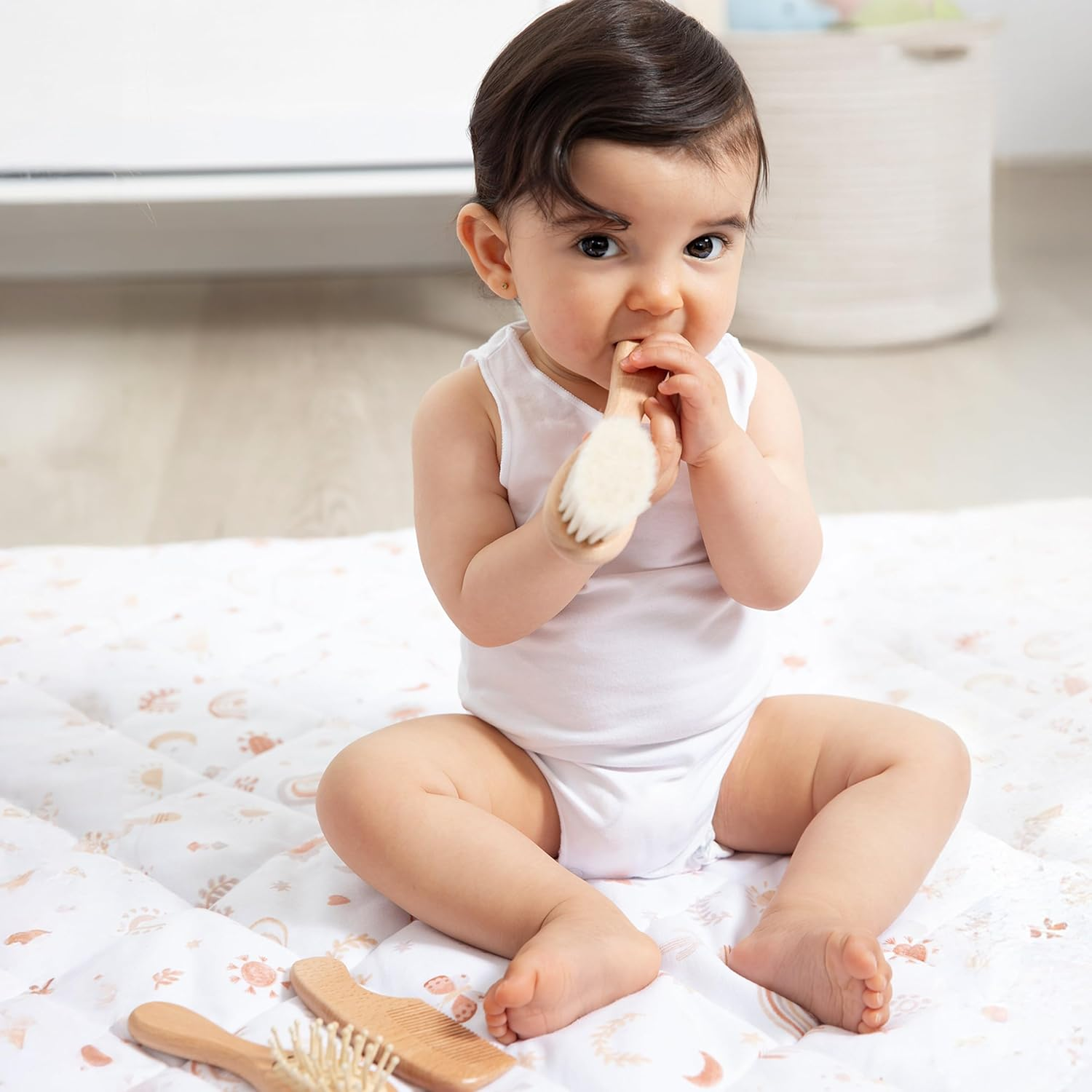 Living Textiles Soft Baby Hair Brush & Comb 3-Piece Set - Natural Goat Hair & Beechwood, Scalp Stimulating Bristles, Gentle Detangling, Gift-Ready with Cotton Storage Bag, Newborn & Infant image number 6