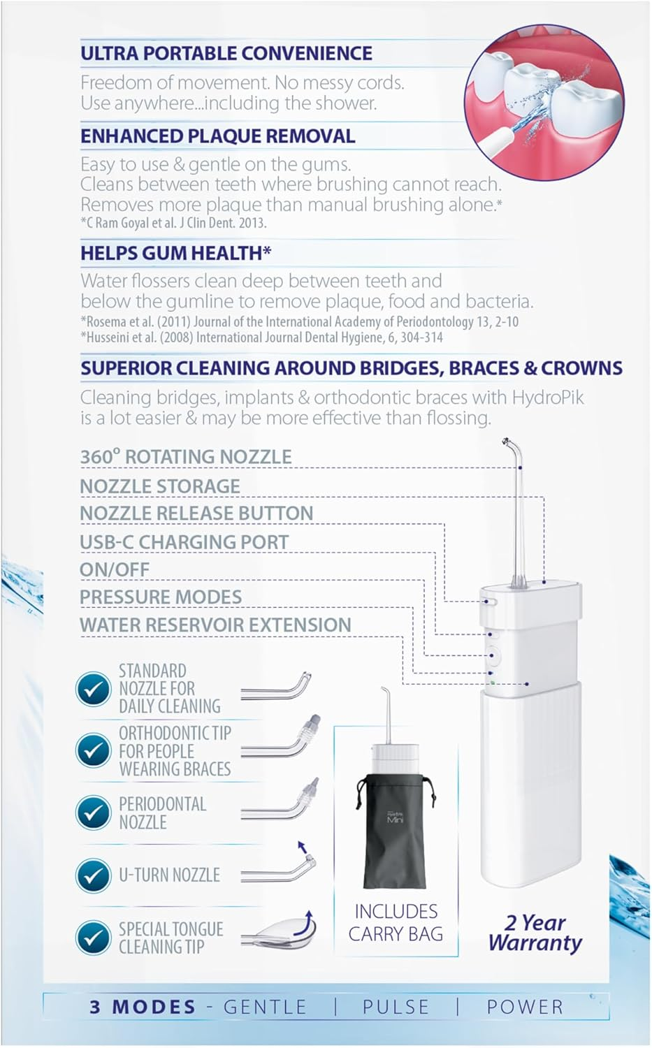 Piksters Hydropik Mini Water Flosser - Waterproof Portable Water Flosser for Teeth, Gums, Braces Care, 3 Power Modes, 5 Flossing Nozzles, Compact & Light for Travel image number 6