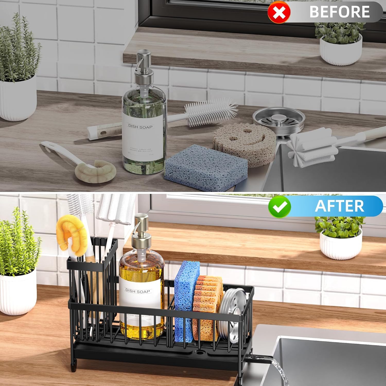 Cisily Sponge Holder for Kitchen Sink, Sink Caddy with High Brush Holder, Organzier Rustproof 304 Stainless Steel Dish Organizer Divider, Soap Dispenser Storage image number 1