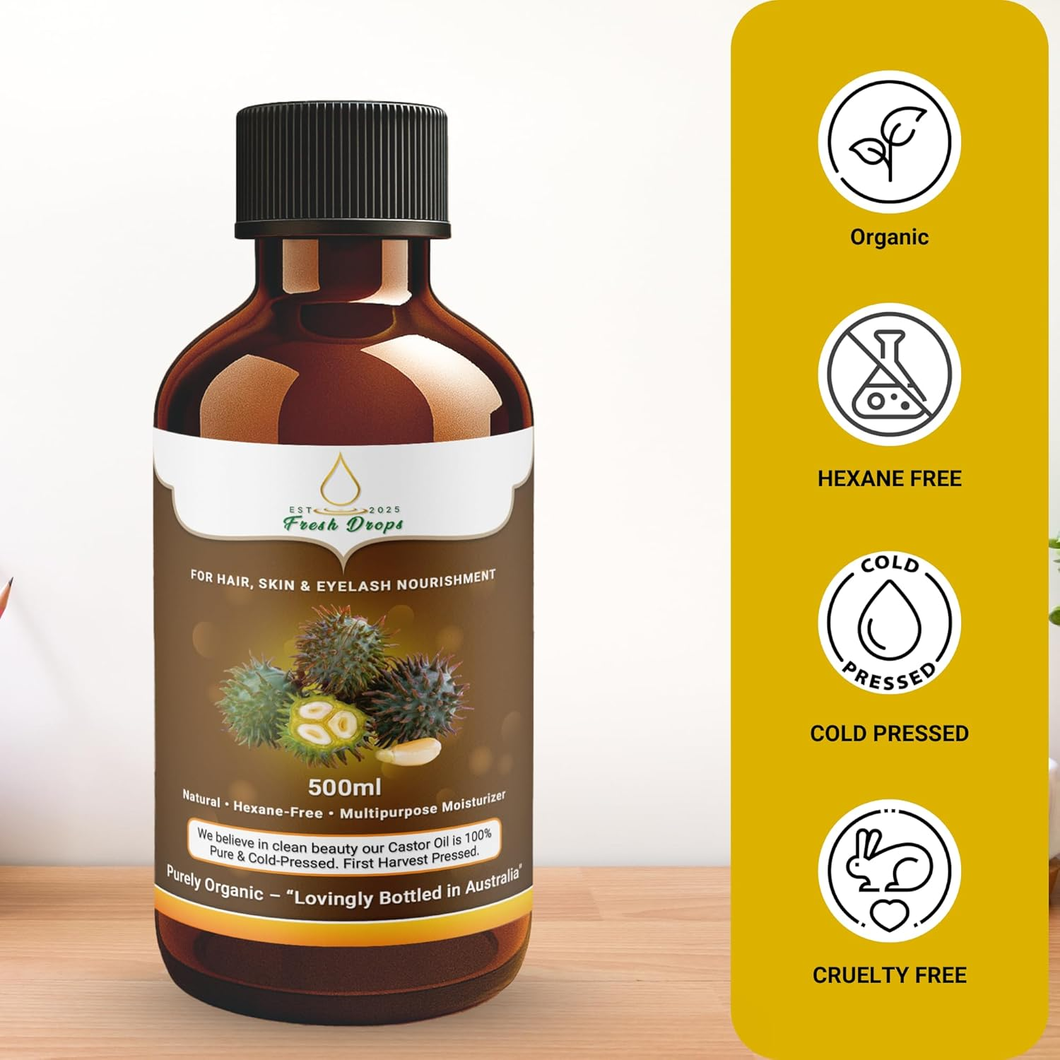 Fresh Drops - Organic Castor Oil 500Ml, Pure Cold Pressed, Hexane Free- Stimulate Growth for Eyelashes, Eyebrows, and Hair, Smooth Face, and Skin,Eyelashes Serum | Free 30 Ml Castor Oil Sample Glass Bottle,Eyebrow Brush Included. image number 1