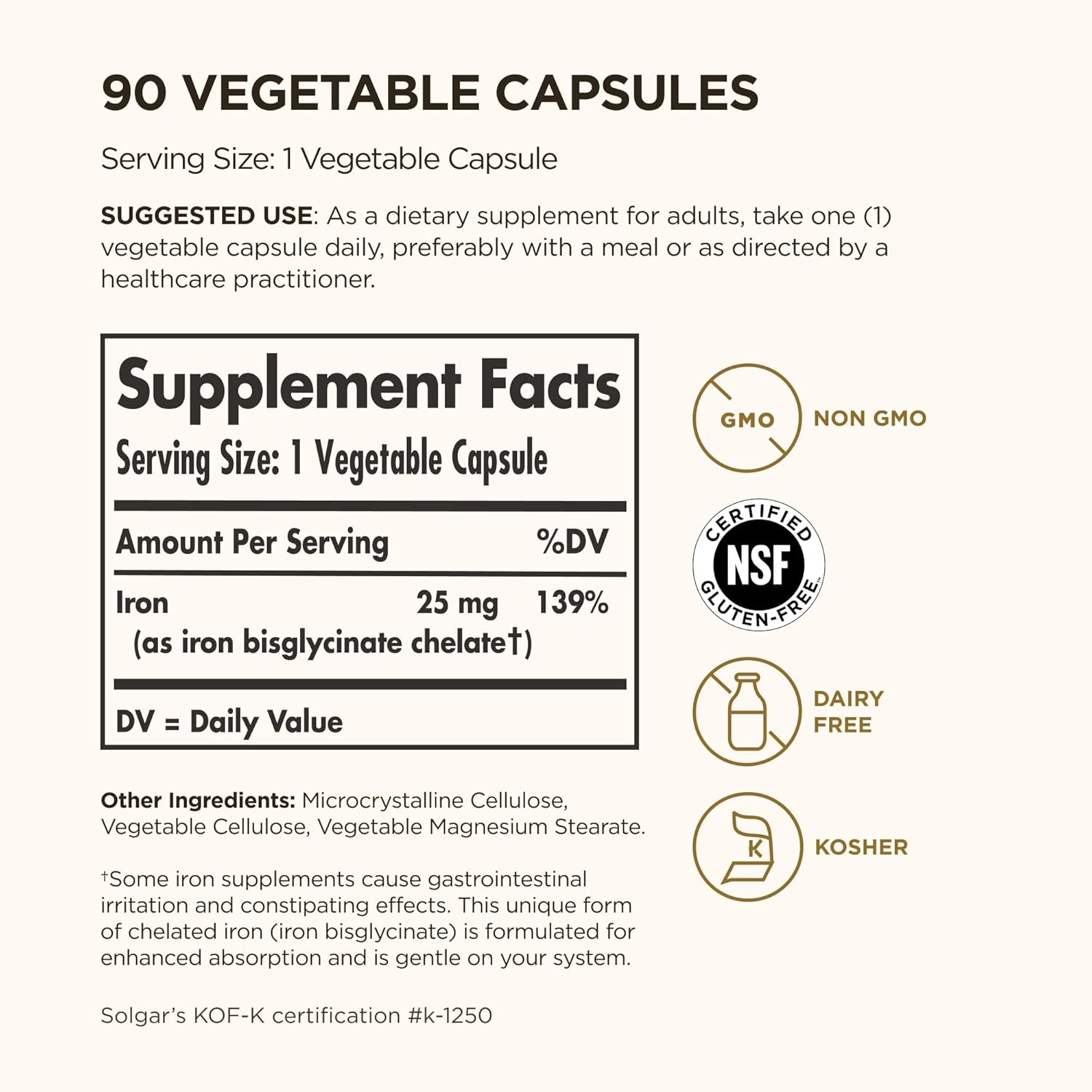 Solgar Gentle Iron 25Mg, 90 Vegetable Capsules - Energy, Normal Red Blood Cell Production - Gentle on the Stomach - Non-Gmo, Vegan, Gluten Free, Dairy Free, Kosher, Halal - 90 Servings image number 6