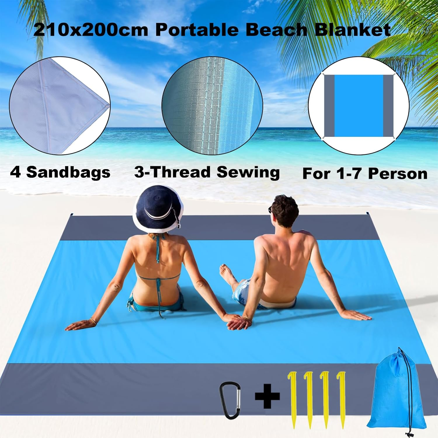 Meagtlva Extra Large Beach Blanket,Waterproof Sandfree Beach Mat,210 * 200Cm Picnic Blankets with 4 Stakes & 4 Corner Pockets,Large Picnic Mat for Travel Camping Hiking image number 3