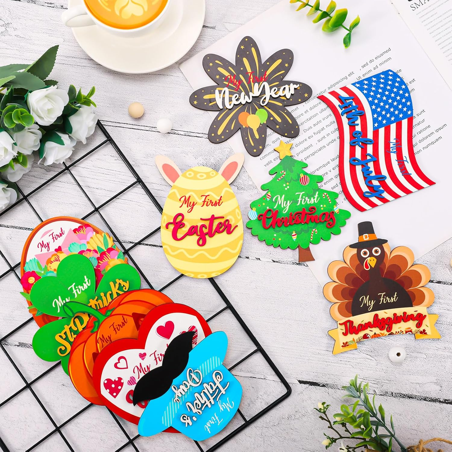 Whaline 10 Pcs My First Holiday Baby Milestone Cards Shaped Wooden Marker Announcement Sign for Pregnancy Newborn Baby Growth Photo Prop Decor Supplies